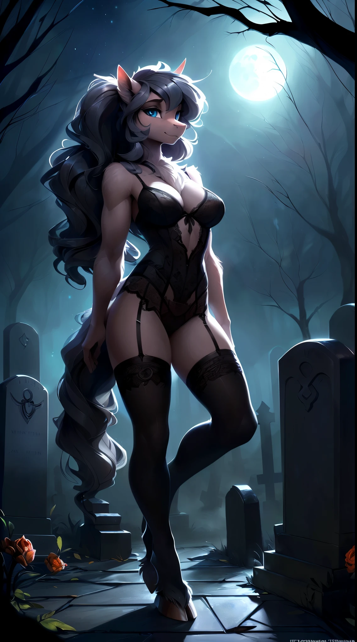 uploaded on e621, by Bayard Wu, by Thomas Benjamin Kennington, by Einshelm, solo anthro, ((Portrait)), ((Wear a decay lace dress)), (lace torn lingerie), (detailed Bonifasko lighting), (Detailed fur), (detailed skin), ((rotten flesh)), (Cinematic lighting), ((Detailed background, graveyard, grave, at night)), (half body shadow), [ambient light on the belly], [explict content], [sharp-focus], (shaded), ((Masterpiece), blue eyes, (long gray hair, disheveled hair), Average Breasts, pectoral muscles, Fluffy pony, MLP, My Little Pony, (grey and green decaed skin), (fluffy fur:1.4), fluffy tights, fluffy chest, furry fantasy art, anthro art, commission for high res, Furry art, pov furry art, Sakimichan is beautiful, Masterpiece, Best Quality, Detailed image, Bright colors, Detailed Face, perfect lighting, Perfect shadows, Perfect eyes, focus on girl, flawless face, gorgeous body, Hourglass body, shiny body, feet focus (hooves in stockings), Fluffy, fluffy girl, Body fur, Animal nose, pony muzzle, Playful look, half closed eyes, 1girl, full body, Detailed fur, Balanced coloring, ((Long curly mane, curly pony tail)), Furry, anthro, (attractive body:1.5), looking at viewer, seductive gaze, seductive posing, perfect legs, ((horror, scary movie))