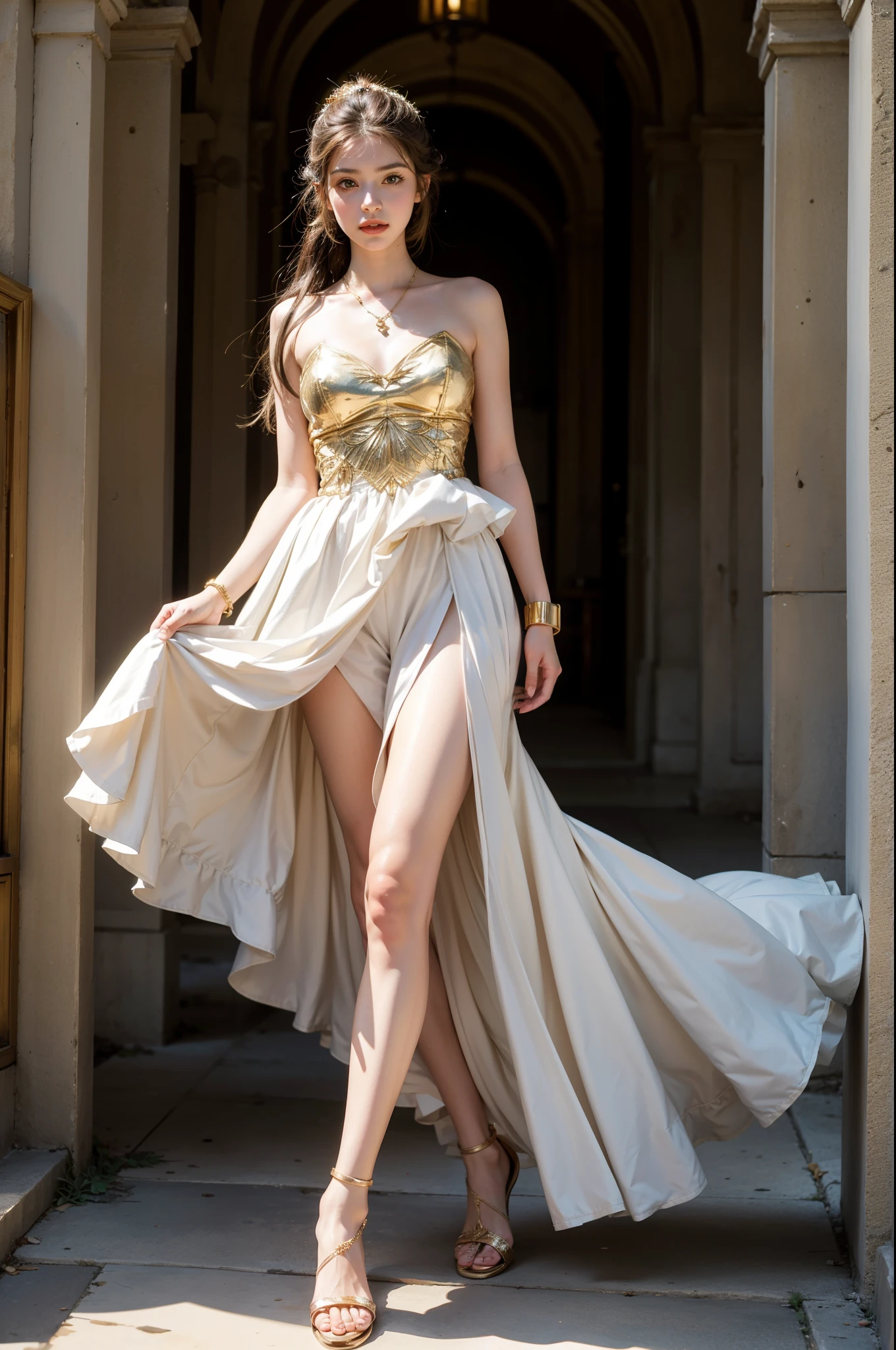 create an image of a realistic lifelike young women 20 years old from Ancient Greece from 3000 BC about to get married, dressed in a white peplum with gold accessories, with her hair in an updo with laurel leaves, put golden sandals on her feet, full body, matching background