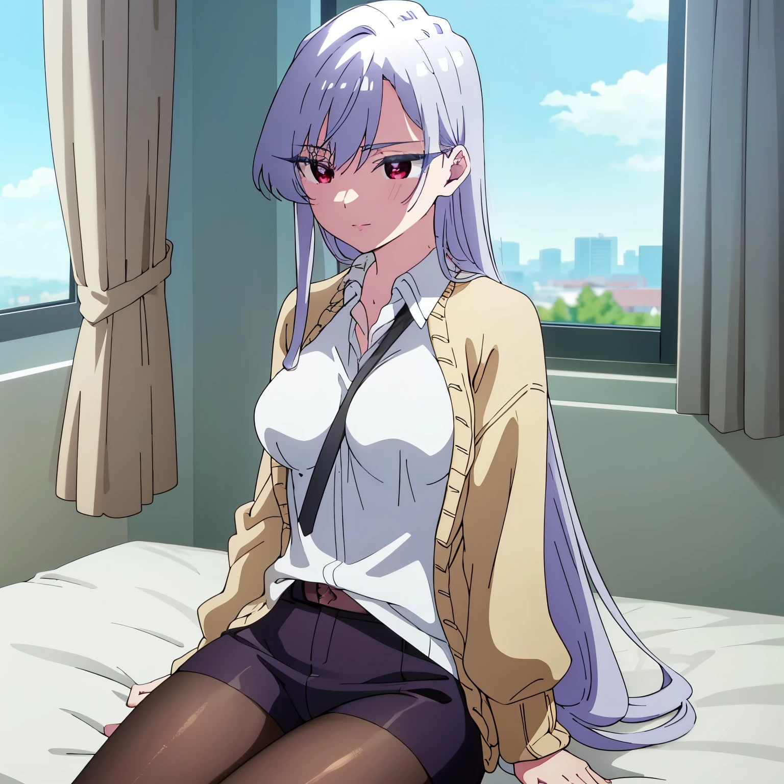 1girl, alone, nano eiai, red eyes, blue-white hair, long hair, collared shirt, long sleeves, sleeves folded around the elbows, white shirt, transparent shirt, unbuttoned shirt, underwear, black bra, black thong, pantyhose black, transparent pantyhose, sweaty, embarrassed, makeup, smiling, seductive, big breasts, medium waist, medium hips, wide thighs, room, bedroom, window, good lighting, open window, night, bed, sitting on bed, legs open , wind, levitated hair, 1 girl, (Masterpiece), (high resolution), (8k), (extremely detailed), (4k), (Pixiv), Perfect face, Beautiful eyes and face, (Best quality) , (super detailed), Detailed face and eyes, (Only), textured skin, Absurd, high resolution