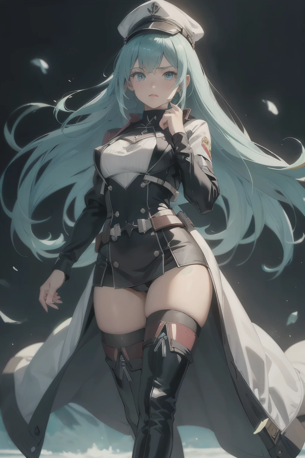 Anime, Girl, (((1girl))), (((Waifu, Xenoblade Chronicles 2, Pneuma Waifu))), Techwear, (((Seafoam Green Hair, Long Hair))), ((Seafoam Green Eyes eyes:1.3, Upturned Eyes: 1, Perfect Eyes, Beautiful Detailed Eyes, Gradient eyes: 1, Finely Detailed Beautiful Eyes: 1, Symmetrical Eyes: 1, Big Highlight On Eyes: 1.2)), (((Lustrous Skin: 1.5, Bright Skin: 1.5, Skin Fair, Shiny Skin, Very Shiny Skin, Shiny Body, Plastic Glitter Skin, Exaggerated Shiny Skin, Illuminated Skin))), (Detailed Body, (Detailed Face)), Young, Idol Pose, (Best Quality), Techwear, (((Military Uniform, Miliraty Cap, Military Coat, Thigh-high Heeled Boots))), High Resolution, Sharp Focus, Ultra Detailed, Extremely Detailed, Extremely High Quality Artwork, (Realistic, Photorealistic: 1.37), 8k_Wallpaper, (Extremely Detailed CG 8k), (Very Fine 8K CG), ((Hyper Super Ultra Detailed Perfect Piece)), (((Flawlessmasterpiece))), Illustration, Vibrant Colors, (Intricate), High Contrast, Selective Lighting, Double Exposure, HDR (High Dynamic Range), Post-processing, Background Blur