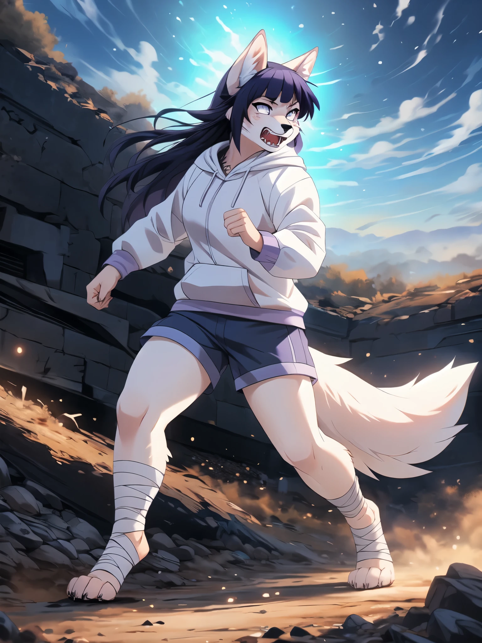 Hinata,  an anthropomorphic white fox girl, white fox ears, white fox tail, long purple hair, straight bangs,  blue short shorts, feet paws wrapped in bandages, 4 toes, feet covered in bandages, white hoodie, running, fighting stance, masterpiece, best quality, detailed face, detailed eyes, shy smile, by hioshiru, by fumiko, on a destroyed battlefield in the middle of nowhere, in a dirt crater, hands glowing with blue aura, angry, angry eyes, yelling, canine teeth