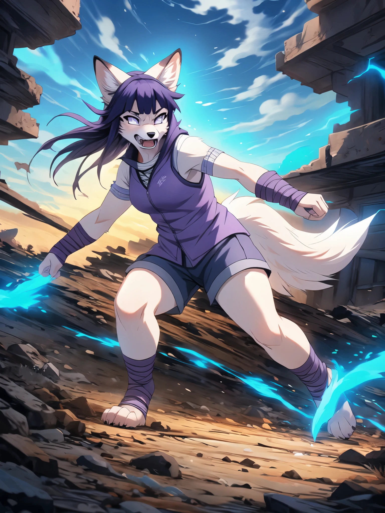 Hinata,  an anthropomorphic white fox girl, white fox ears, white fox tail, long purple hair, straight bangs,  blue short shorts, feet paws wrapped in bandages, 4 toes, feet covered in bandages, purple ninja vest, fishnet shirt, running, fighting stance, masterpiece, best quality, detailed face, detailed eyes, shy smile, by hioshiru, by fumiko, on a destroyed battlefield in the middle of nowhere, in a dirt crater, hands glowing with blue aura, angry, angry eyes, yelling, canine teeth