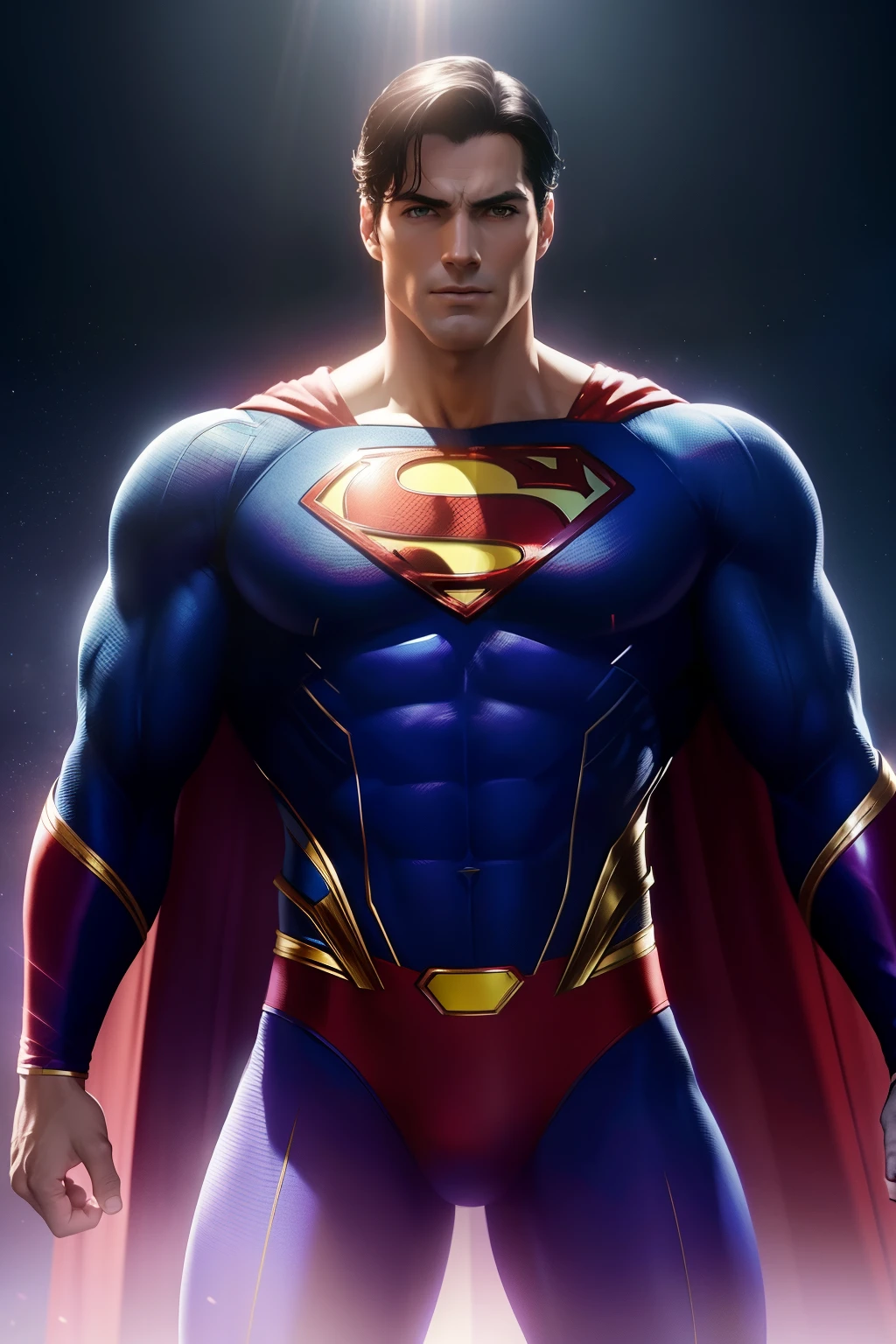 Superman from DC Comics, clad in closed purple clothing, stands against a realistic, calm background painted in soothing shades of purple. His muscular physique is photorealistically rendered, with every detail of his iconic red and blue suit accurately depicted. The natural lighting gracefully illuminates his heroic figure, creating beautiful and elegant lighting effects. Anti-aliasing ensures a smooth and seamless transition between colors and edges. In an elegant and dynamic pose, Superman exudes a sense of power and serenity under the soft and tranquil lighting conditions. --s2 16:9 aspect ratio.