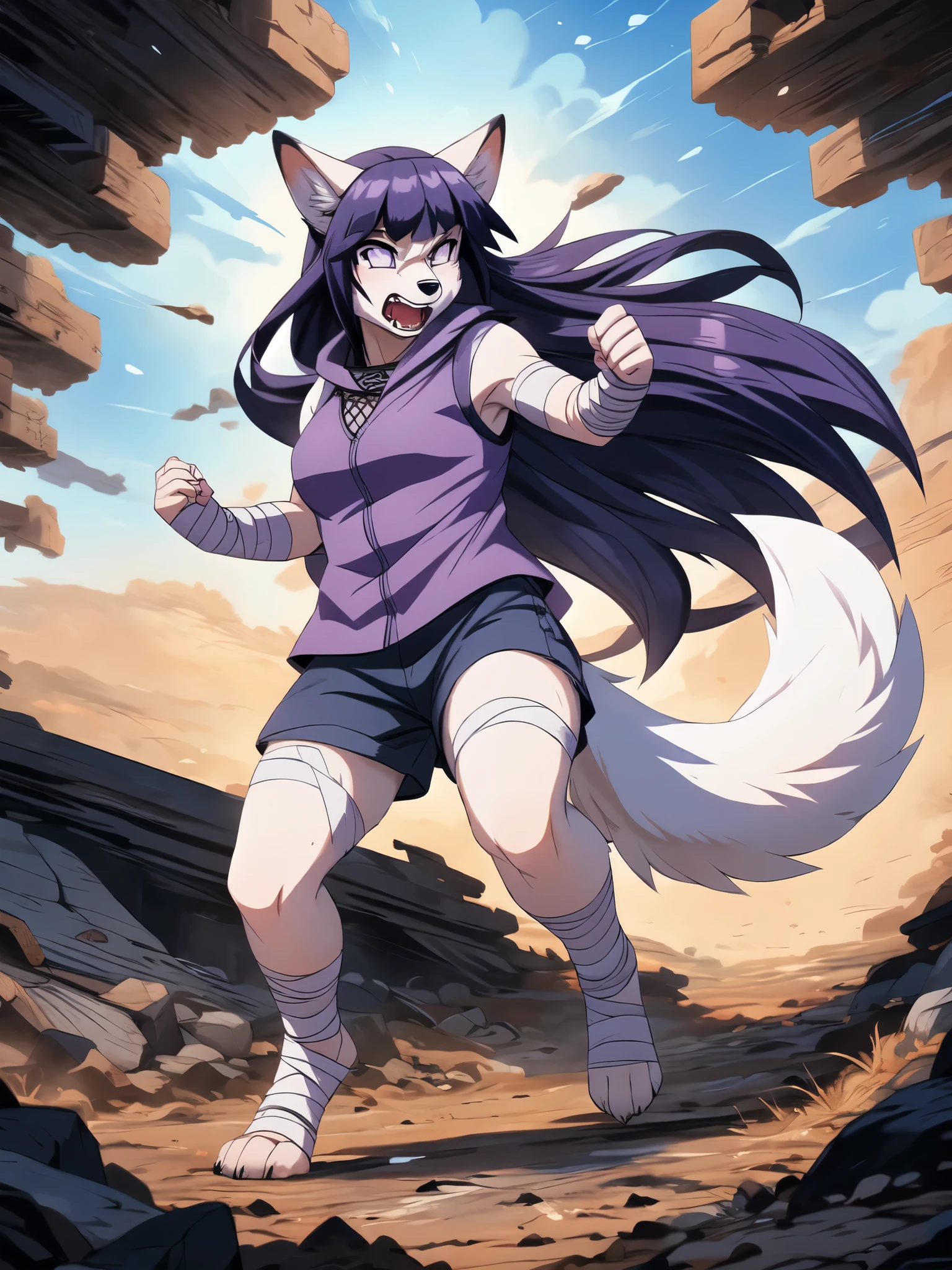 Hinata,  an anthropomorphic white fox girl, white fox ears, white fox tail, long purple hair, straight bangs,  blue short shorts, feet paws wrapped in bandages, 4 toes, feet covered in bandages, purple ninja vest, fishnet shirt, running, fighting stance, masterpiece, best quality, detailed face, detailed eyes, shy smile, by hioshiru, by fumiko, on a destroyed battlefield in the middle of nowhere, in a dirt crater, hands glowing with blue aura, angry, angry eyes, yelling, canine teeth