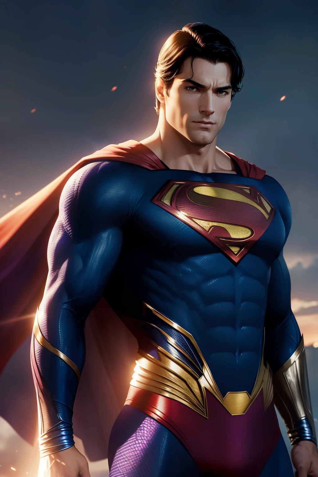 Superman from DC Comics, clad in closed purple clothing, stands against a realistic, calm background painted in soothing shades of purple. His muscular physique is photorealistically rendered, with every detail of his iconic red and blue suit accurately depicted. The natural lighting gracefully illuminates his heroic figure, creating beautiful and elegant lighting effects. Anti-aliasing ensures a smooth and seamless transition between colors and edges. In an elegant and dynamic pose, Superman exudes a sense of power and serenity under the soft and tranquil lighting conditions. --s2 16:9 aspect ratio.