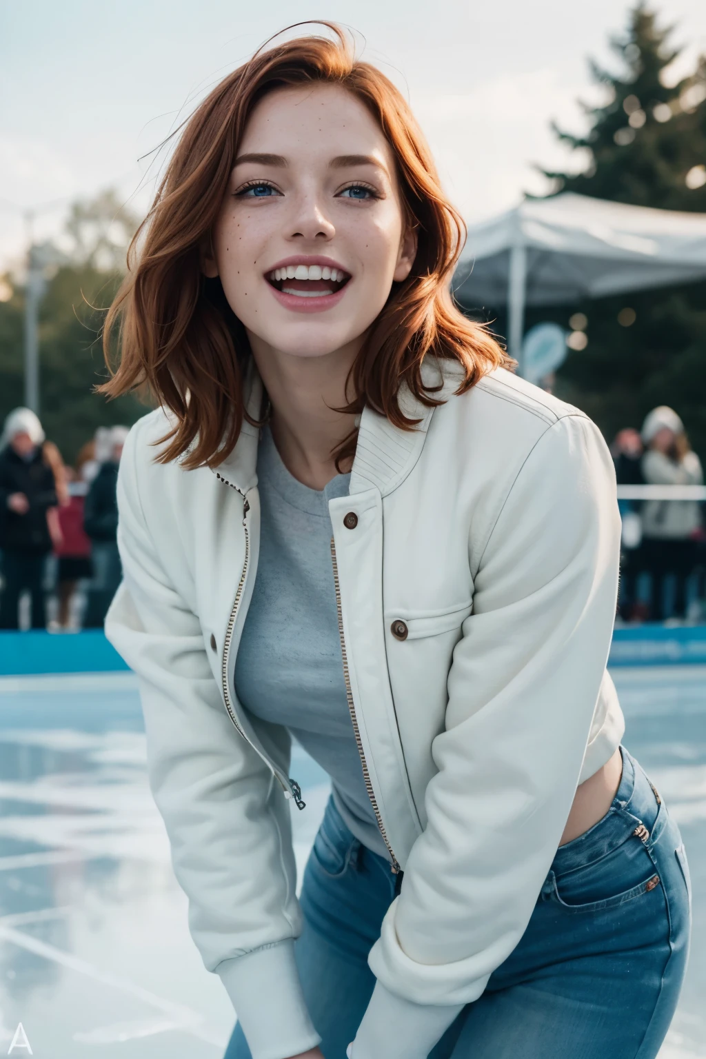 feminine figure, redhead, freckles, best quality, realistic skin texture, photography, detailed facial features, film grain texture and high contrast, extremely high-resolution details, photographic, photorealistic, hyper-realistic, HDR, masterpiece, short hair, blue eyes, highly detailed eyes, eyes aligned, skating park background, ice skating, people ice skating, close-up, a light jacket, jeans, laughing, having fun, out of balance, surprised
