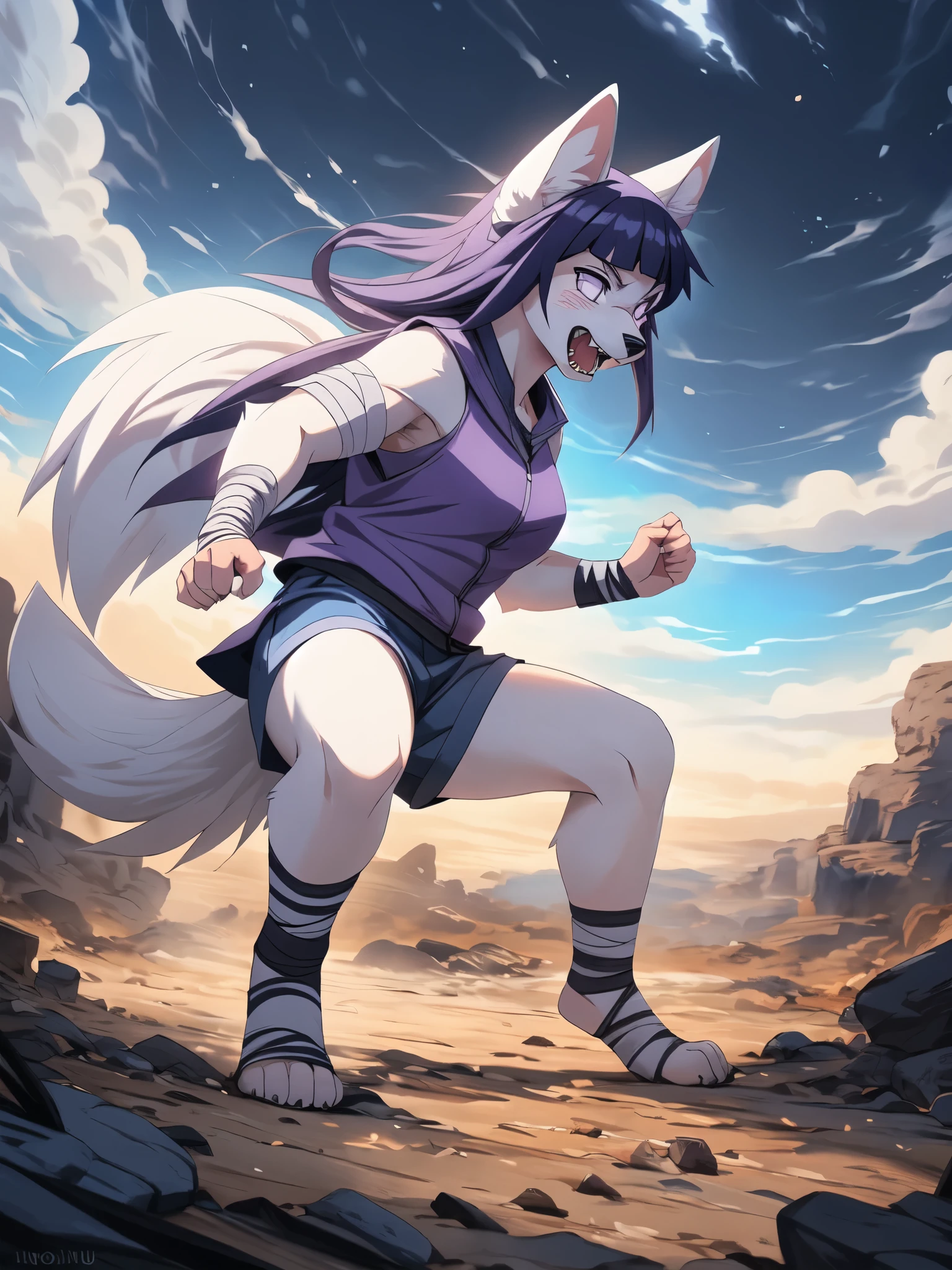 Hinata,  an anthropomorphic white fox girl, white fox ears, white fox tail, long purple hair, straight bangs,  blue short shorts, feet paws wrapped in bandages, 4 toes, feet covered in bandages, purple open ninja vest, fishnet shirt, running, fighting stance, masterpiece, best quality, detailed face, detailed eyes, shy smile, by hioshiru, by fumiko, on a destroyed battlefield in the middle of nowhere, in a dirt crater, hands glowing with blue aura, angry, angry eyes, yelling, canine teeth