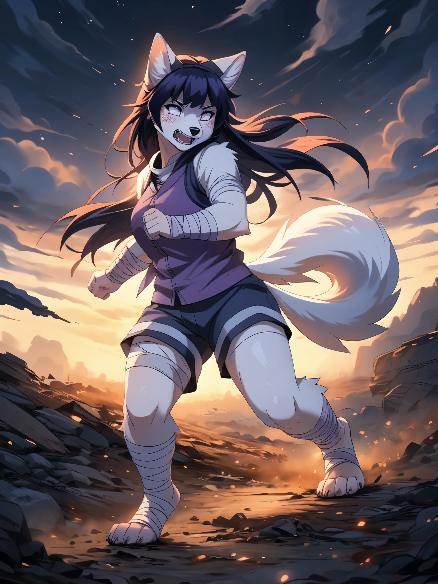 Hinata,  an anthropomorphic white fox girl, white fox ears, white fox tail, long purple hair, straight bangs,  blue short shorts, feet paws wrapped in bandages, 4 toes, feet covered in bandages, purple open ninja vest, fishnet shirt, running, fighting stance, masterpiece, best quality, detailed face, detailed eyes, shy smile, by hioshiru, by fumiko, on a destroyed battlefield in the middle of nowhere, in a dirt crater, hands glowing with blue aura, angry, angry eyes, yelling, canine teeth