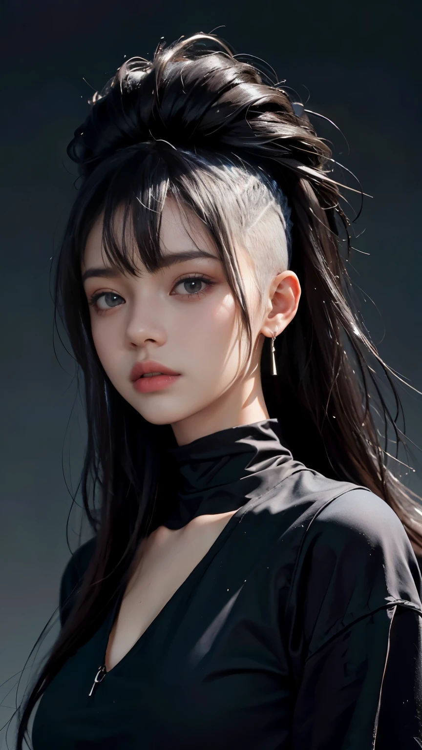 An 18-year-old woman, (high top fade: 1.3), long hair, dark theme, soothing tones, soft colors, high contrast, (natural skin texture, surrealism, soft light, sharp),