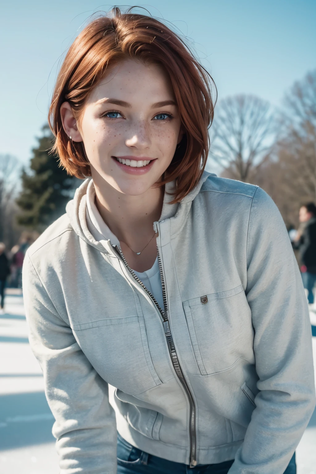 feminine figure, redhead, freckles, best quality, realistic skin texture, photography, detailed facial features, film grain texture and high contrast, extremely high-resolution details, photographic, photorealistic, hyper-realistic, HDR, masterpiece, short hair, blue eyes, highly detailed eyes, eyes aligned, skating park background, ice skating, people ice skating, close-up, a light jacket, jeans, laughing, having fun, out of balance, surprised
