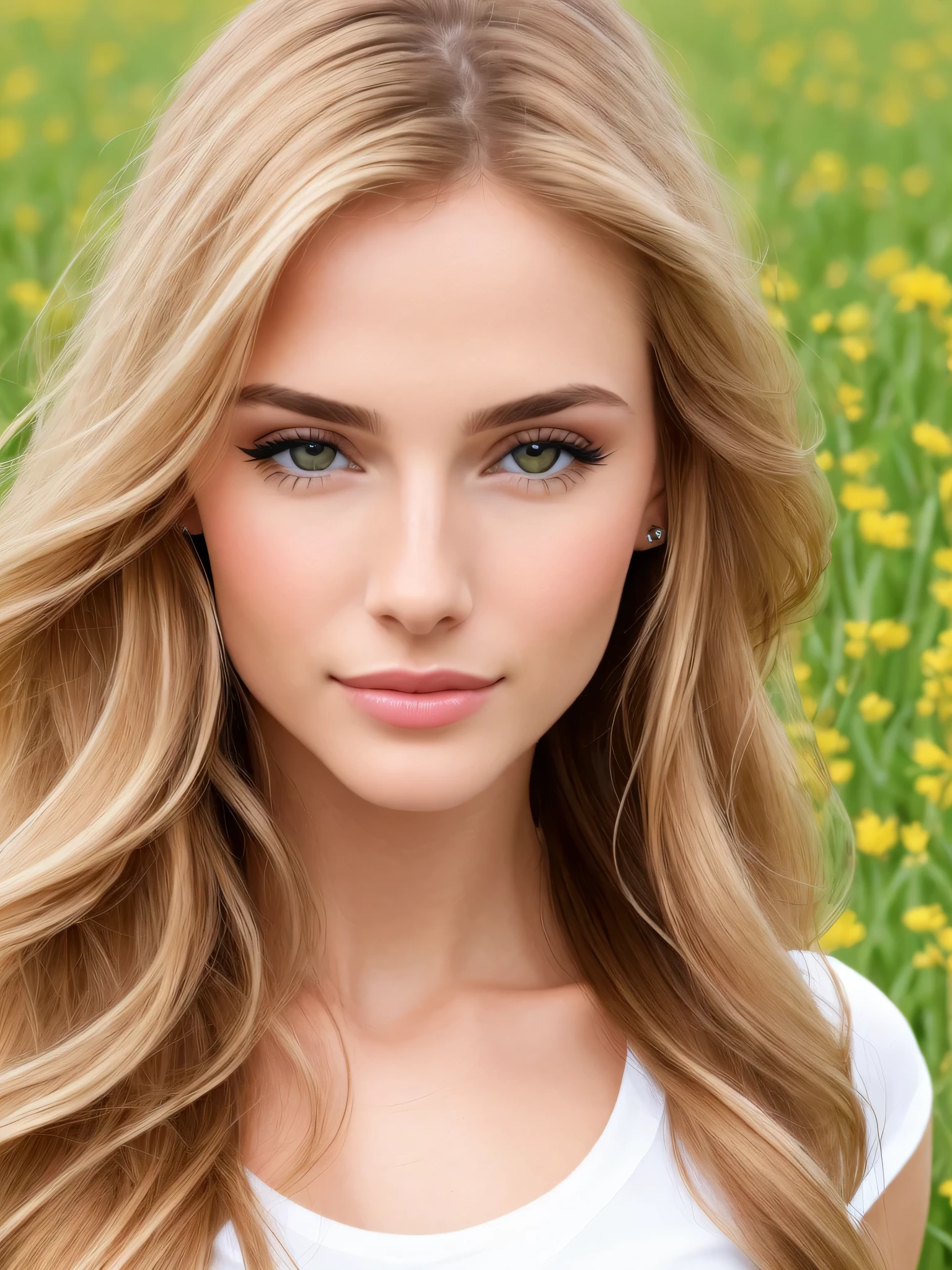 HD quality, maximum detail, macro portrait full body of the beautiful woman, field depth, perfect woman, 25 years, makeup, long hair, perfect face, pretty mouth, pretty nose, sensual woman, totally gorgeous, face with sarcastic expression, caucasian, blond hair, evil look, v-shaped shirt, realistic, details, style: Detailed photo