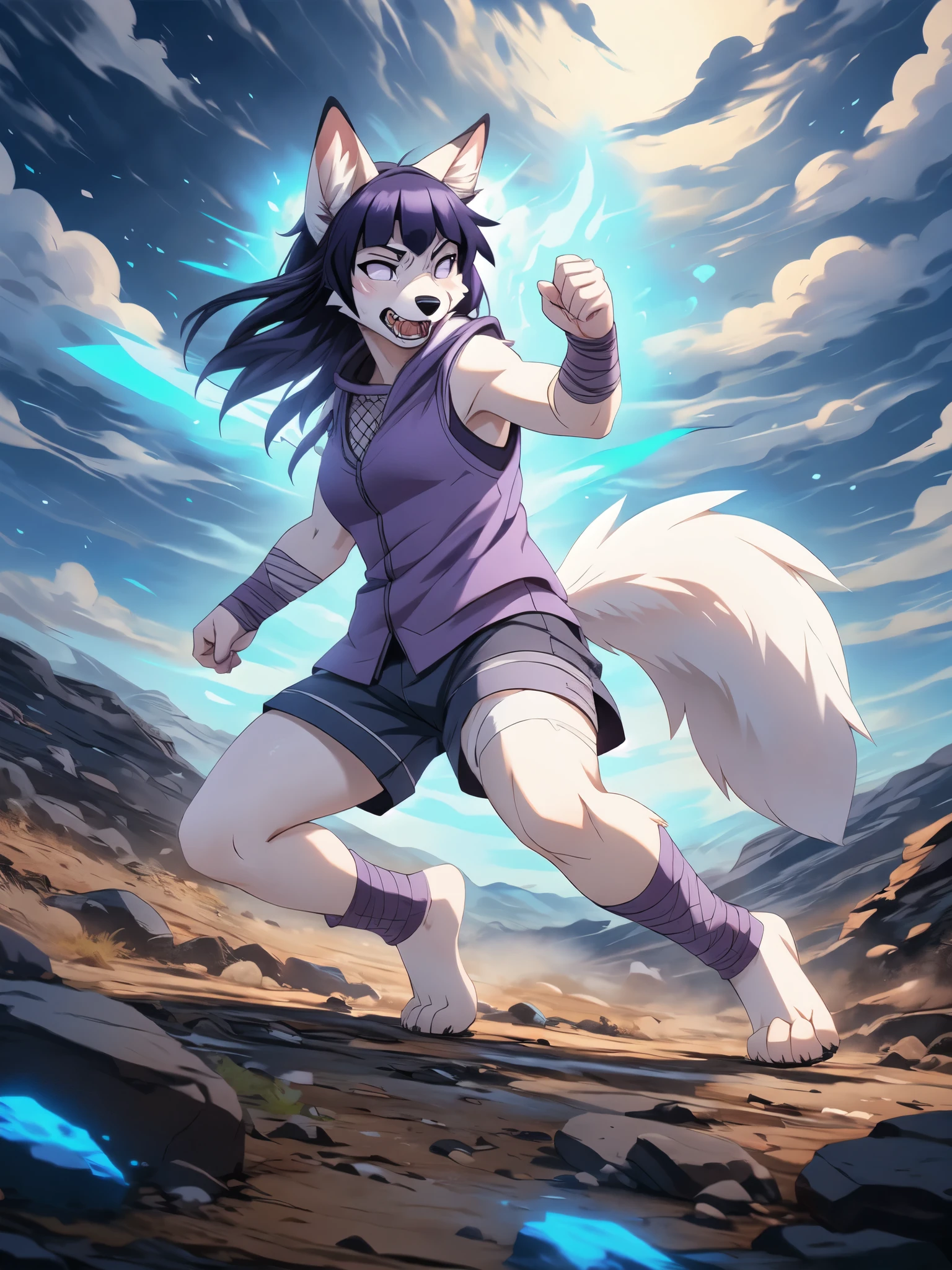 Hinata,  an anthropomorphic white fox girl, white fox ears, white fox tail, long purple hair, straight bangs,  blue short shorts, feet paws wrapped in bandages, 4 toes, feet covered in bandages, purple open ninja vest, fishnet shirt, running, fighting stance, masterpiece, best quality, detailed face, detailed eyes, shy smile, by hioshiru, by fumiko, on a destroyed battlefield in the middle of nowhere, in a dirt crater, hands glowing with blue aura, angry, angry eyes, yelling, canine teeth