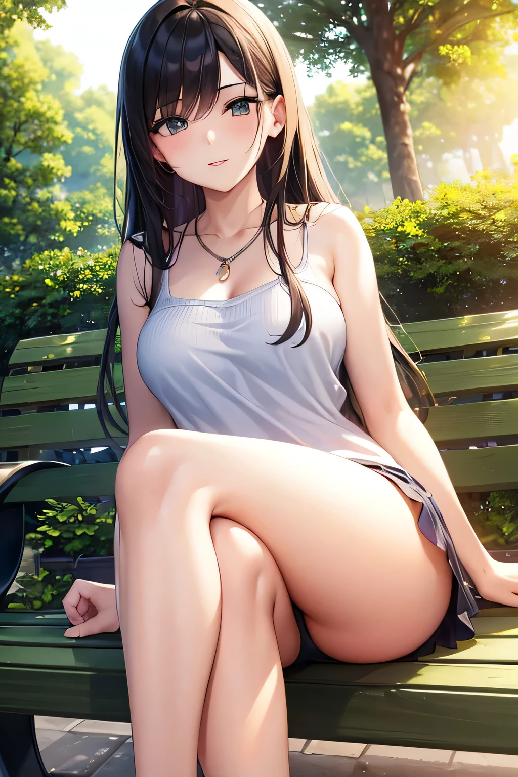 (best quality,highres),hot young adult girl(18),sitting on a bench,legs crossed,doing a cute pose,casual clothes,long beautiful detailed eyes,perfect lips, seductive look,soft summer breeze,green lush garden background,bokeh lights,vibrant colors.replacebackground:"sunset at the park"