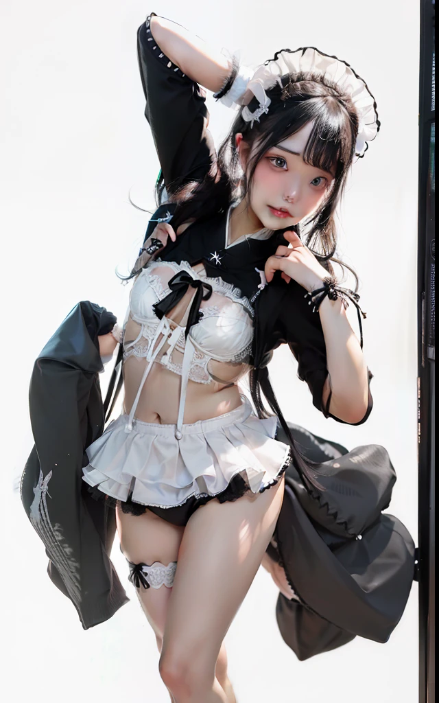 Pale white small bikini type thin lingerie,naked,Super high resolution, (realistic:1.4), thong underwear, T-back,black mini skirt,Maid Cosplay,Pubic hair is visible through the lace of panties,(((See all panties))),((:1.7)), (black skin:1.5),flesh-colored skin,(Japanese:1.5)