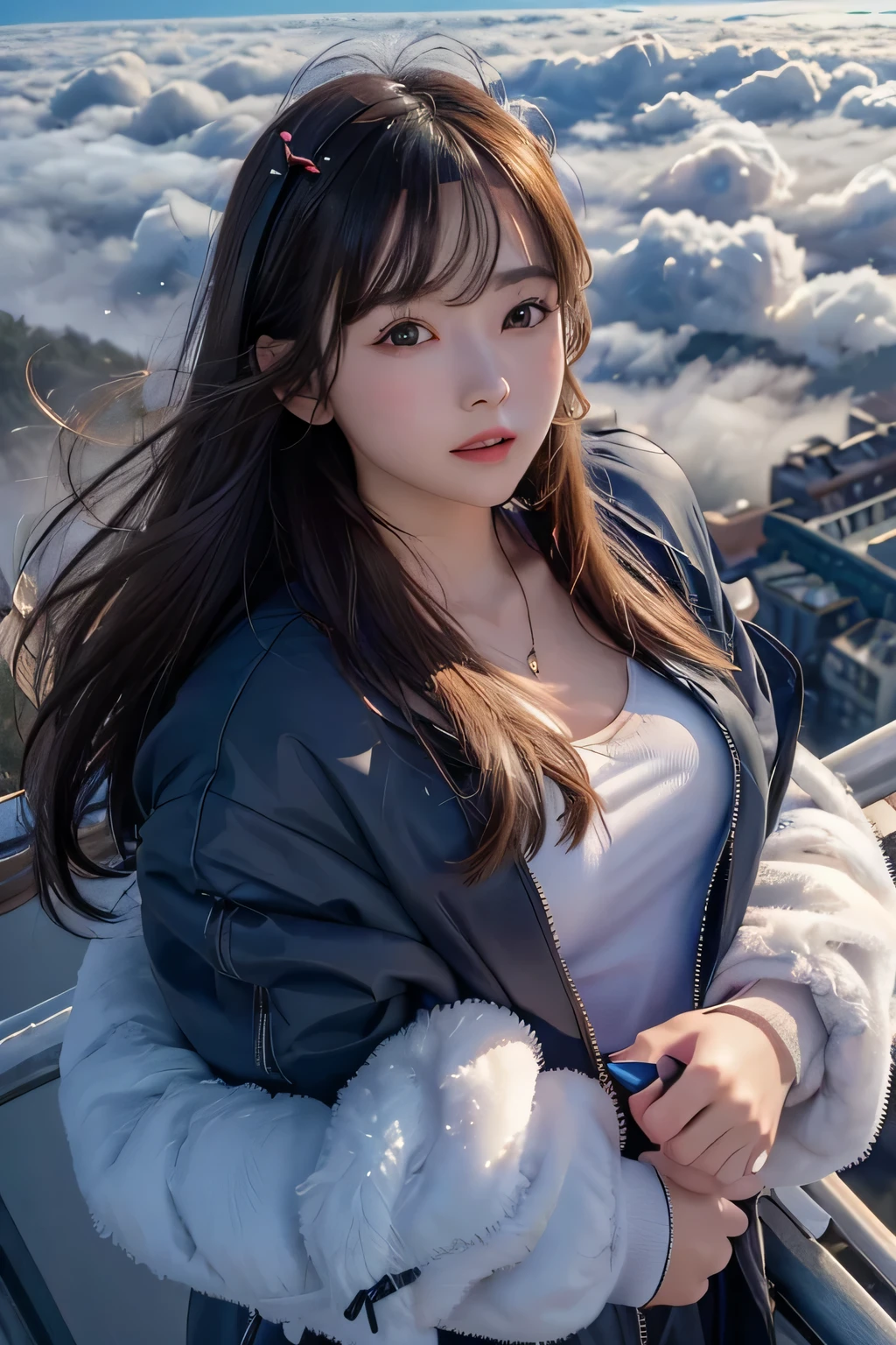 1 girl、Upper shot close-up、((flying above clouds))、 masterpiece, , 8K, Super detailed, 、because I&#39;thin、flat body、cute、 hair blowing in the wind、city below、((Down jacket))、(((night)))