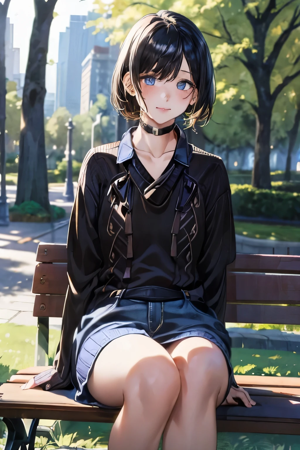 face to face with the children_v1:0.3, highest quality, masterpiece、Photoreal, In 8K, High resolution, full color, 1 girl, woman, 20歳 woman, (skin dents), (portrait:0.6), wood, park bench, dawn, ((park background:1.52)), full color, ((neck sweater:1.68)), Look straight at your audience:1.8, (1girl eyes looking at viewer:1.55), (short hair, black haired, parted hair:1.45), (Bokeh),