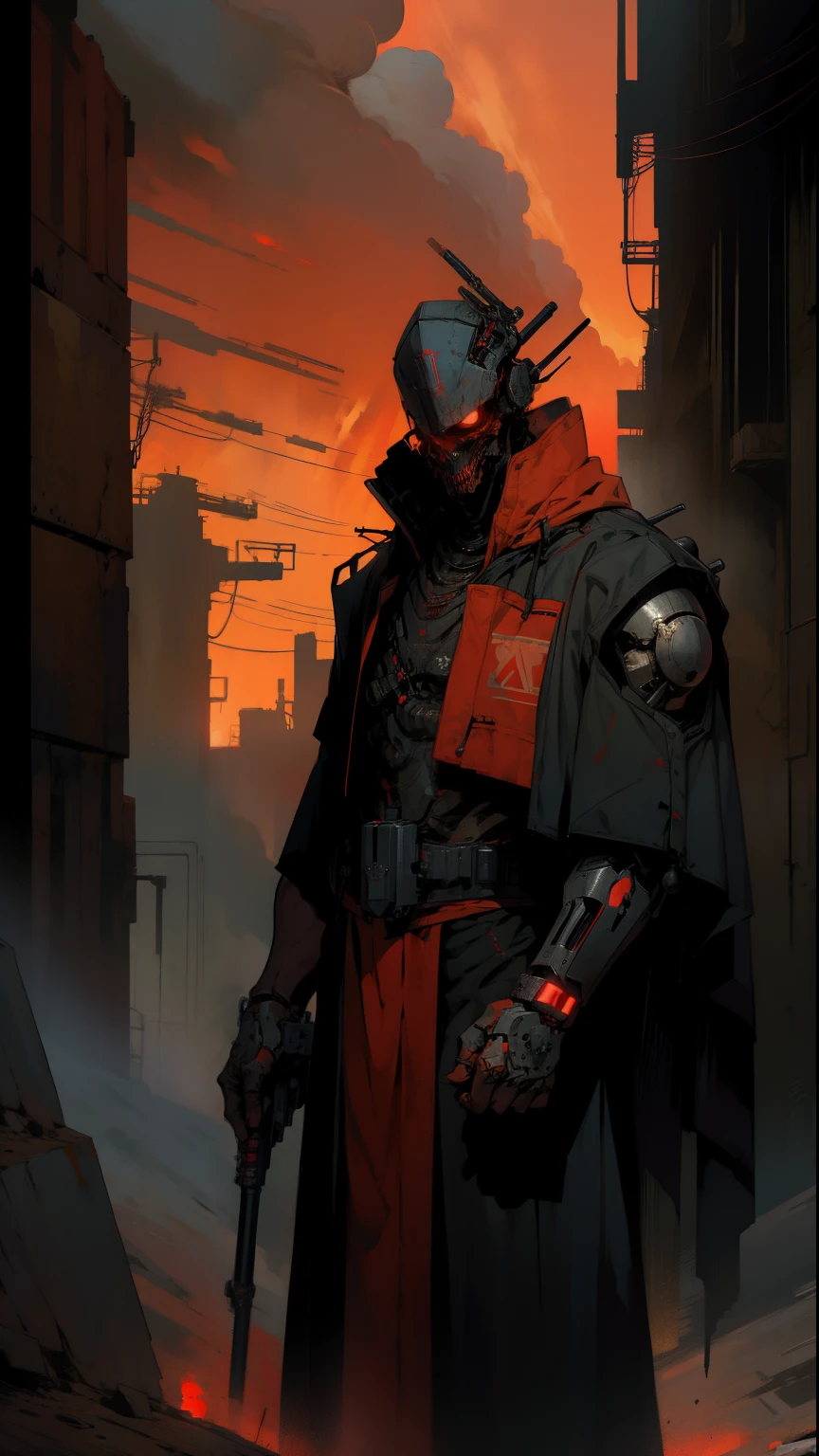 derpd, lethal cyborg assassin wearing robes armor, danger, red sky,post apocalypse