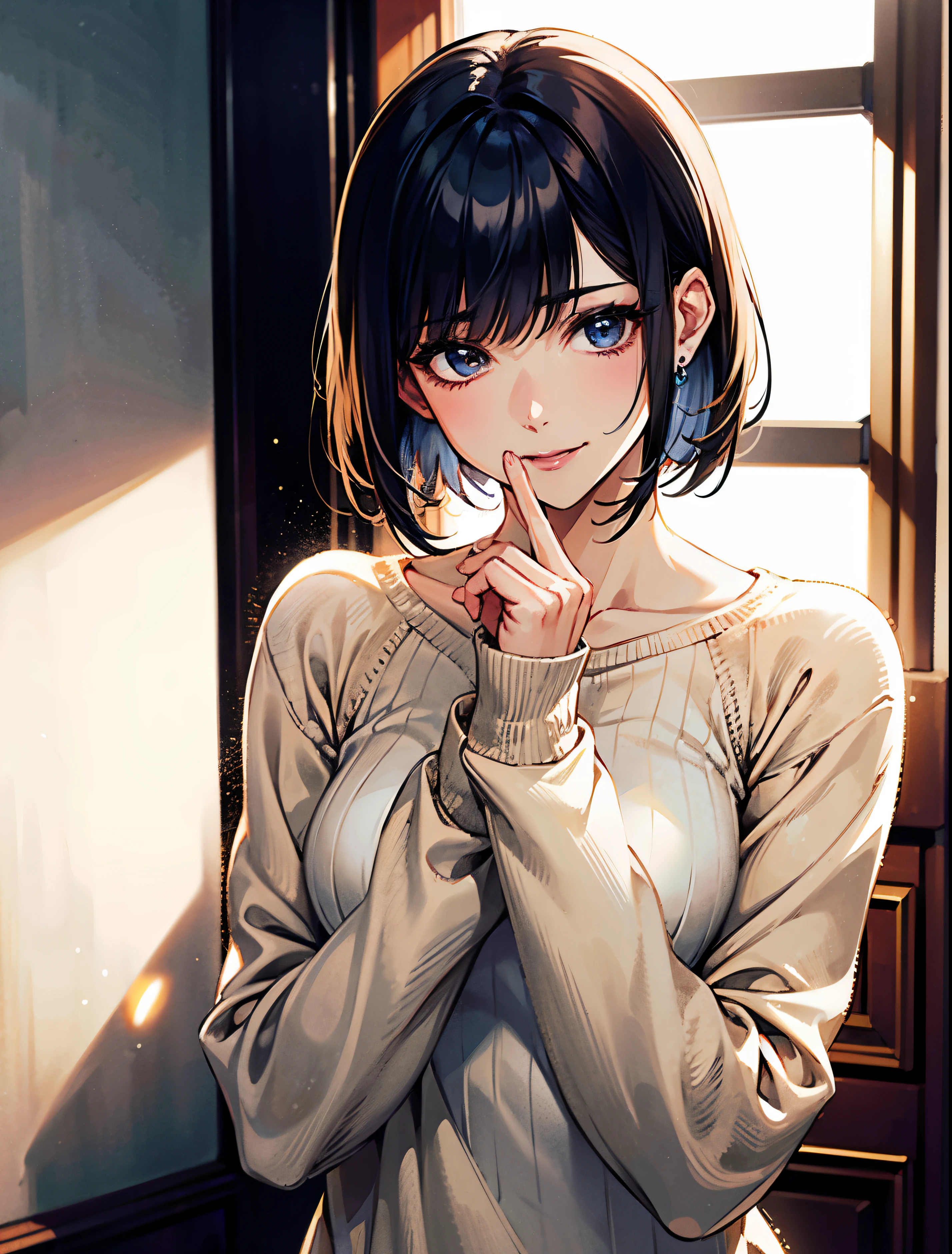 1 girl、highest quality、realistic、alone、written boundary depth、natural soft light、daytime、Charm、beautiful face、cleanliness、pure face、white skin、cute、short hair、beach、Light of the sun、nadium chest、Full body Esbian、((sweater、黄金のプロポーションのbeautiful face))、long neck、please show me your ears、Beautiful short bob hair with bangs、smile with your mouth closed、perfect fingers、perfect hands、perfect body、perfect face、shine a light on the eyes、perfect anatomy