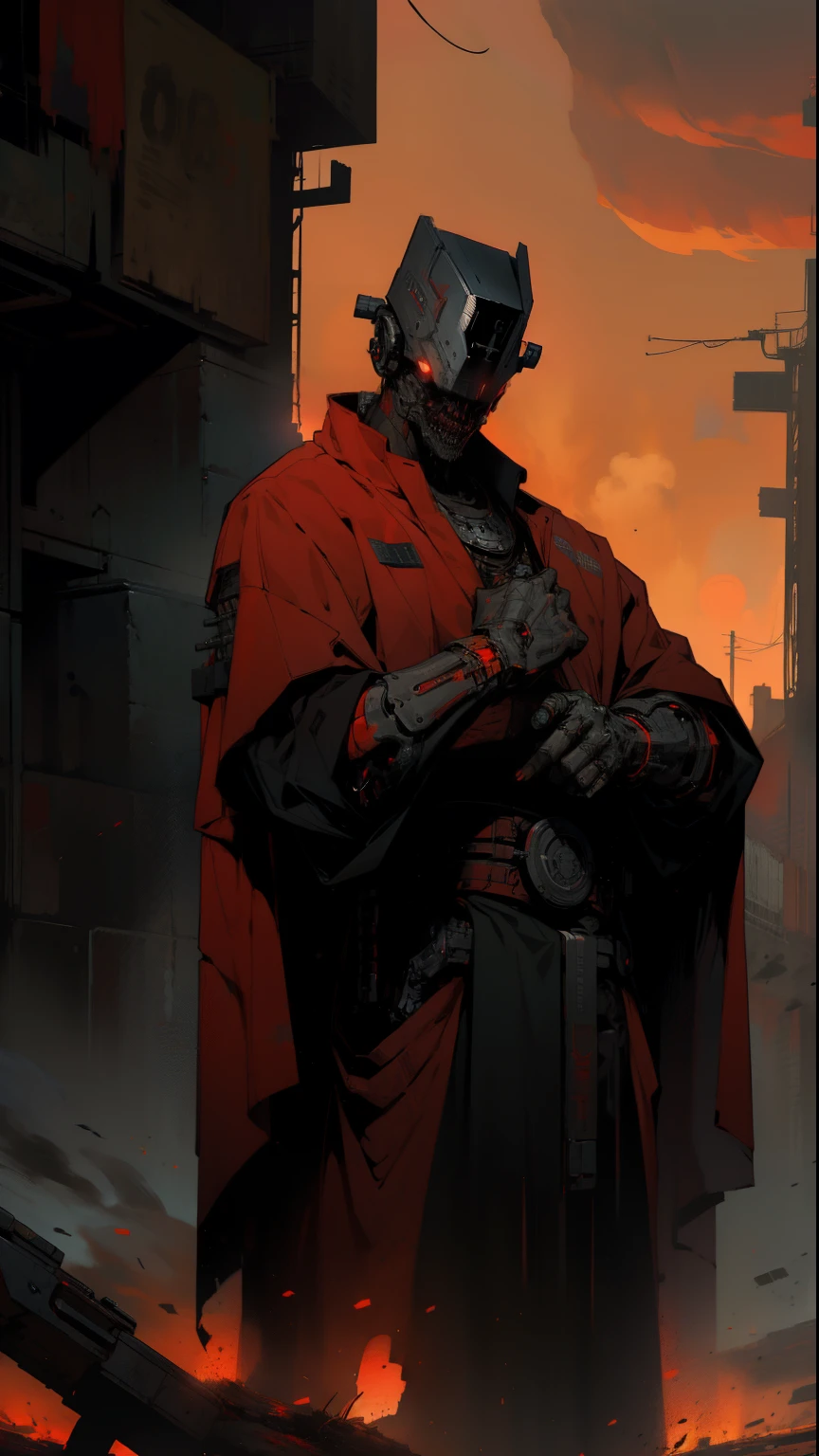 derpd, lethal cyborg assassin wearing robes armor, danger, red sky,post apocalypse