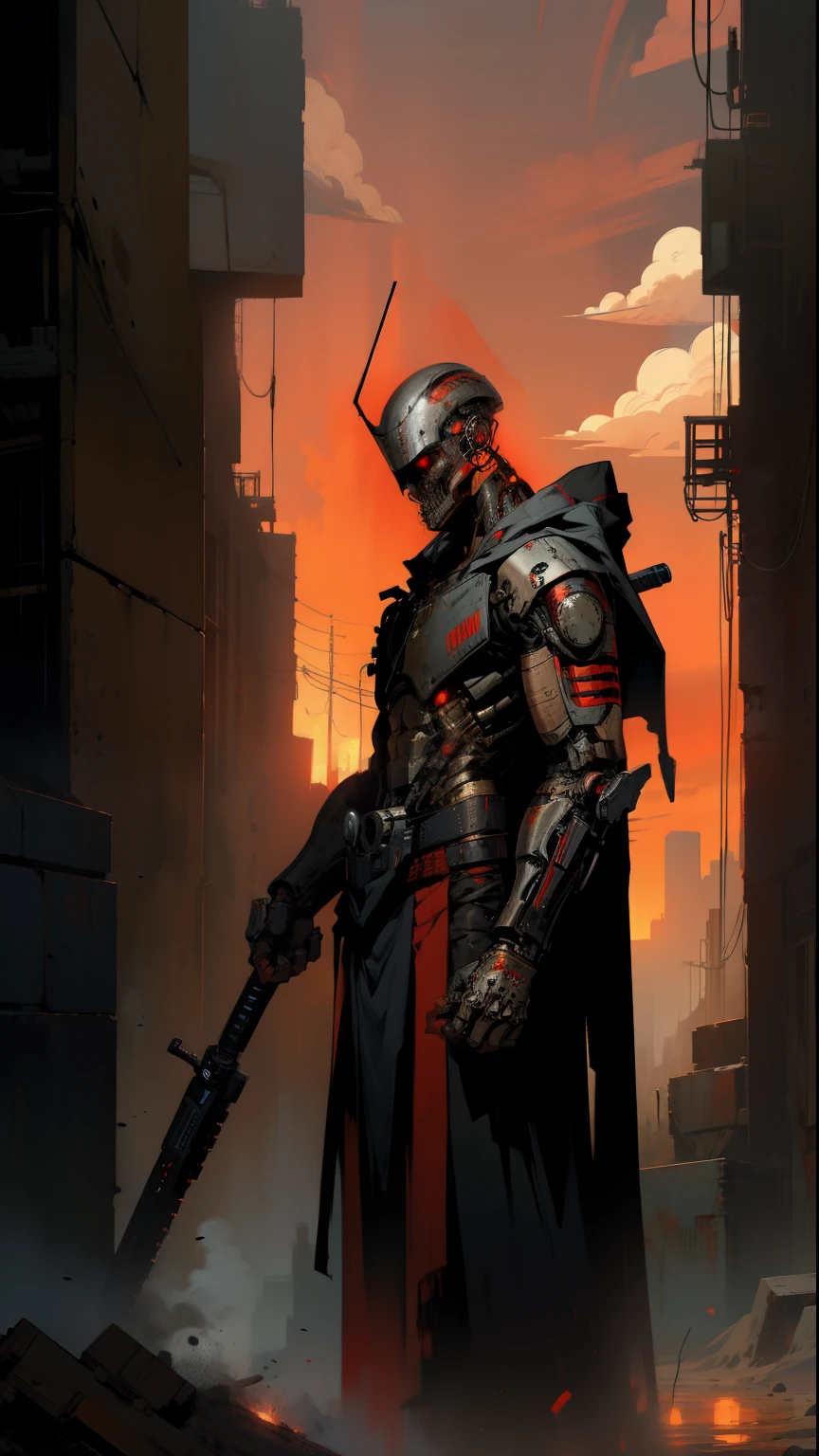 derpd, lethal cyborg assassin wearing robes armor, danger, red sky,post apocalypse 