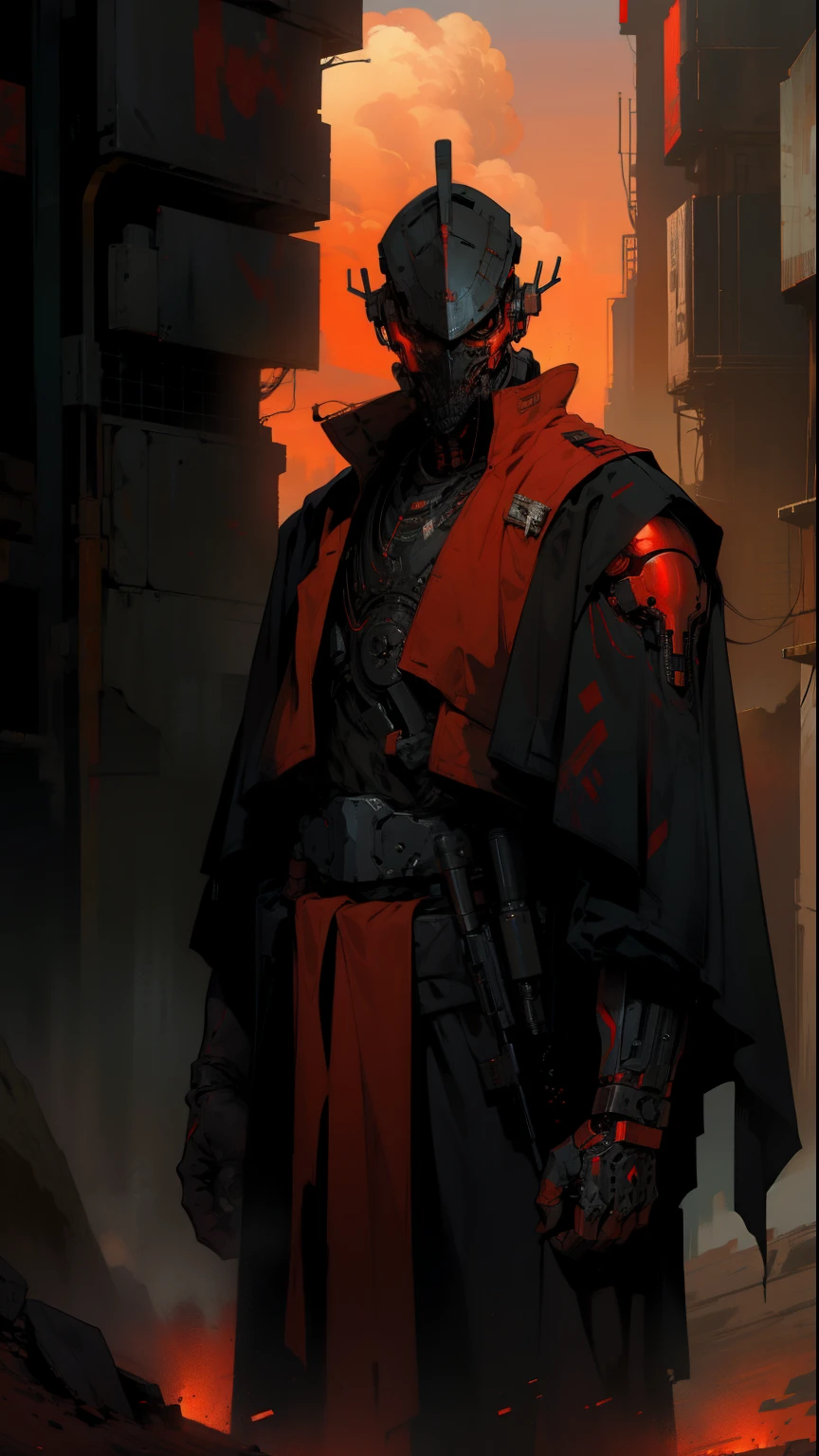 derpd, lethal cyborg assassin wearing robes armor, danger, red sky,post apocalypse 