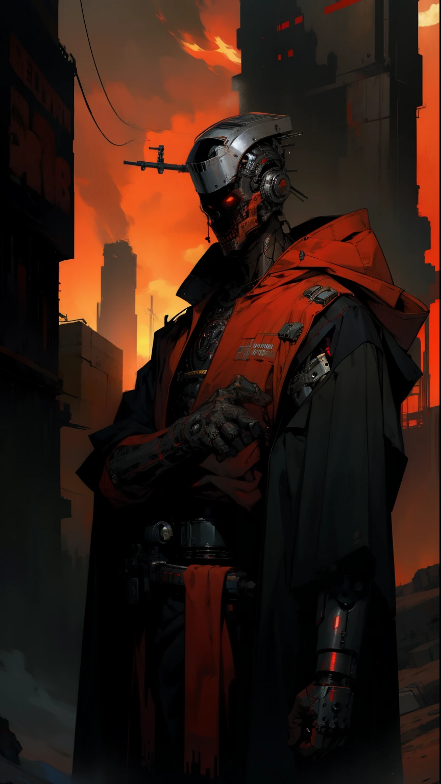derpd, lethal cyborg assassin wearing robes armor, danger, red sky,post apocalypse