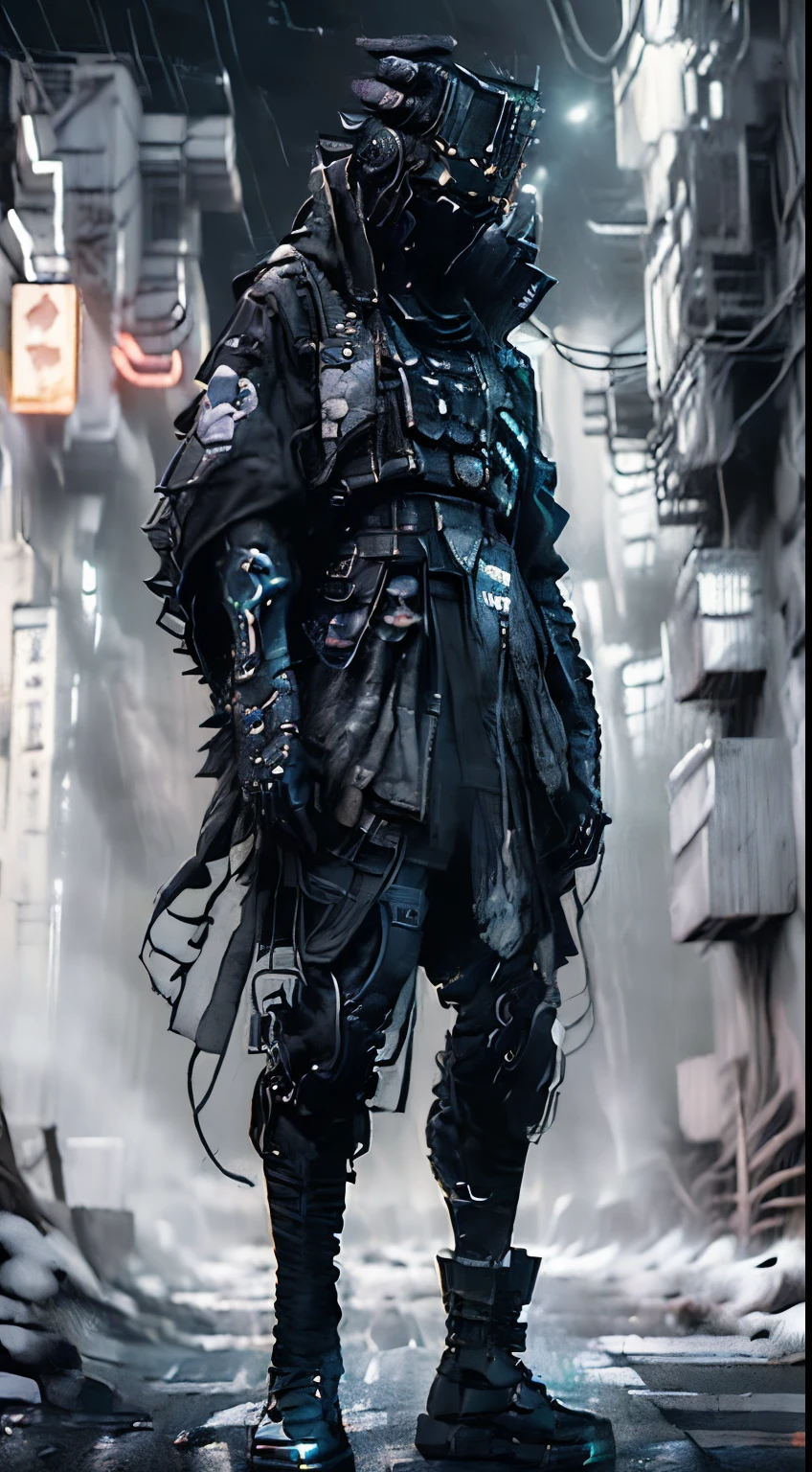 (((Best quality))), ((masterpiece)) full body, young female Japanese femme fatale cyborg assassin, (((holding two katanas))) with a black glossy futuristic mask, dark grey metal body armour, wearing by a (((traditional black kimono embroidered in gold and red feudal Japanese symbols, neo-futuristic visual aesthetic, ((perfect robotic eyes)) ((perfect symmetry)), perfect face, perfect body, detailed white ink body art, dark palette, hint of black-neon, neo-noir Japanese, colourful tag graffiti on metal body frame and helmet, dark neo-noir cyberpunk minimalism, dieselpunk vs rococopunk, dark palette minimalism, {{dark neo-noir Japanese dark gothic art}} by ESAU, mœbius, Dan hillier, Jakub Rebelka, (((and a world-first reimagined digital Leonardo da vanci)), HQ digital matte painting, additional collaborating artist—Marcin blaszczack, trending on artstation and this is cool, the composition is dark & futuristic with a twist of retro 80’s retro & synthwave visual aesthetic, sci-fi horror, dark sci-fi horror overtones, a red moon behind dark post-apocalyptic buildings background, dark sinister clouds, dystopian vibes, a dash of (dark pulp-surrealism), hauntingly beautiful, cgsociety, lo-fi dark grungecore, black neon, apocalypse art, dystopian art, sabattier filter, cinematic lighting, dieselpunk, black ink splattering and oil colour grunge, enigmatic, forbidden art, robot erotica, perfect composition, fit in-frame, strangely ominous, nightmarefuel, intricate details,neon horror st,ory, 3d maya, unreal engine render, a dark narrative is unfolding, 4K