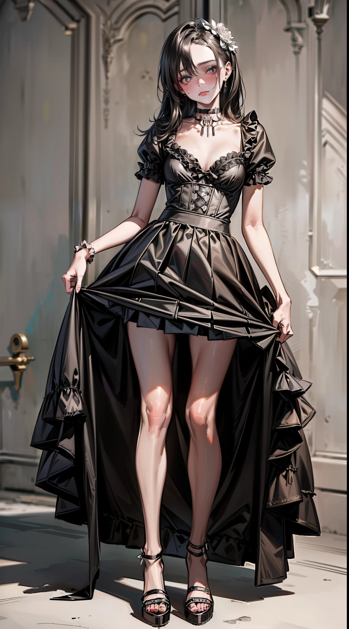 masterpiece, highest quality,1 girl,GothGal,Ruffled Dresses 8K,High resolution, ( flower_Styler:1.2)(Rainbow Candy:1.2), (masterpiece:1.2, highest quality, 8K, advanced details), (realistic, photorealistic:1.4), beautiful illustrations, 
looking at the viewer, whole body, Front view:0.6, 
((choker:1.6)) 
((Grasp the hem of the skirt with your right hand, Put your left hand on your chest, stand with legs apart:1.3)), 
(Look at the viewer while blushing:1.3), ((NFSW:1.3))