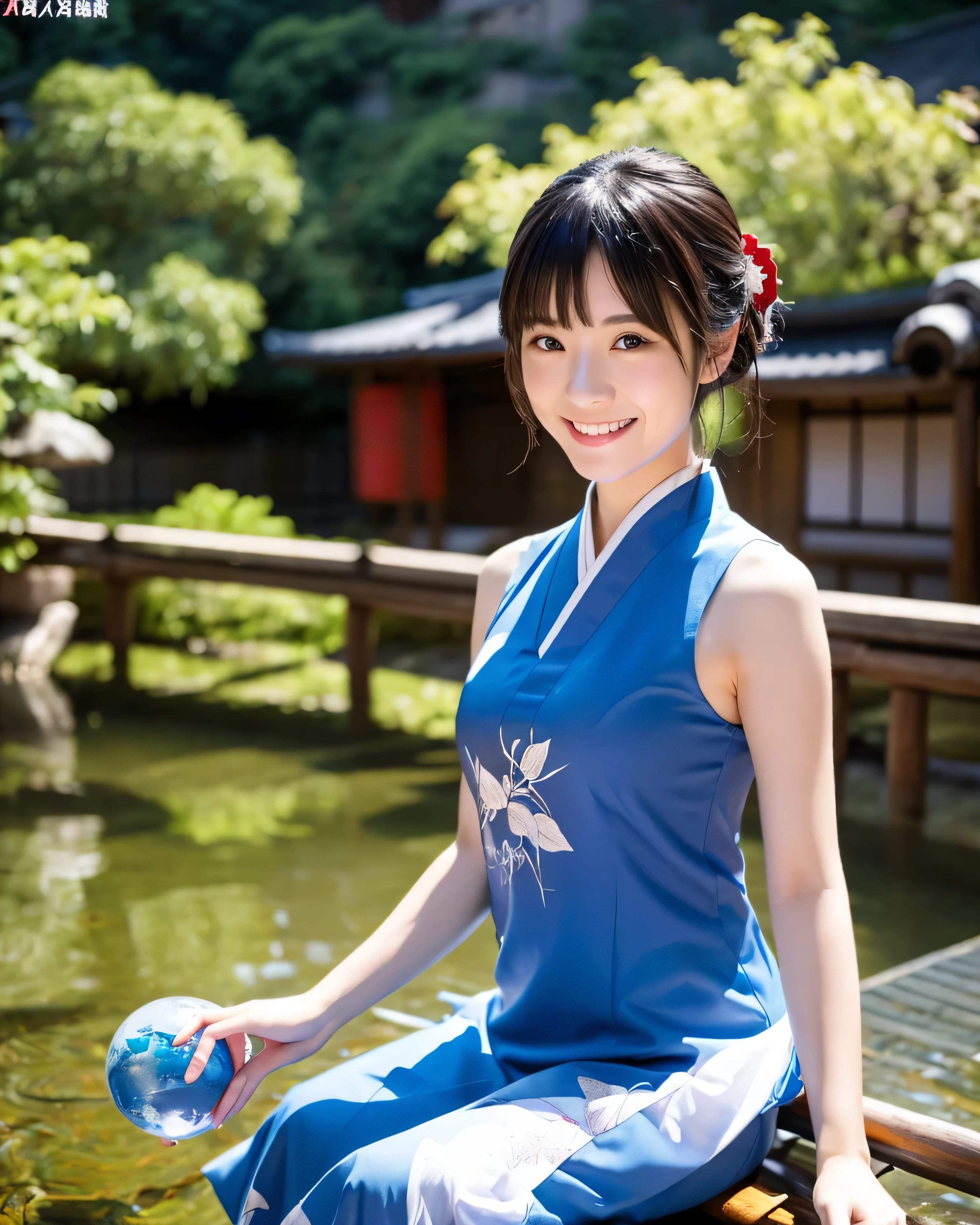 (Very difficult:1.3), (realistic),((Onsen town in Japan)), beautiful japanese woman,detailed beautiful eyes,セクシーなcheongsam clothing,赤いcheongsam clothing,No sleeve,slit,Beautiful legs with attention to detail,long dress,complex colored black hair,Ephemeral smile,short hair,your congo, water,Cast Magic, cast water magic,water ball on the hand,(whole body:1.3),Hanfu,cheongsam clothing,blue clothes,professional lighting