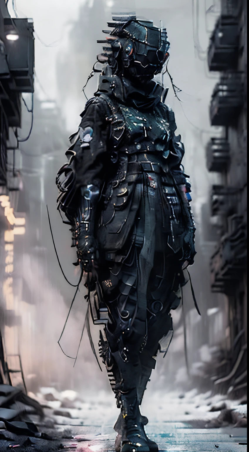 (((Best quality))), ((masterpiece)) full body, young female Japanese femme fatale cyborg assassin, (((holding two katanas))) with a black glossy futuristic mask, dark grey metal body armour, wearing by a (((traditional black kimono embroidered in gold and red feudal Japanese symbols, neo-futuristic visual aesthetic, ((perfect robotic eyes)) ((perfect symmetry)), perfect face, perfect body, detailed white ink body art, dark palette, hint of black-neon, neo-noir Japanese, colourful tag graffiti on metal body frame and helmet, dark neo-noir cyberpunk minimalism, dieselpunk vs rococopunk, dark palette minimalism, {{dark neo-noir Japanese dark gothic art}} by ESAU, mœbius, Dan hillier, Jakub Rebelka, (((and a world-first reimagined digital Leonardo da vanci)), HQ digital matte painting, additional collaborating artist—Marcin blaszczack, trending on artstation and this is cool, the composition is dark & futuristic with a twist of retro 80’s retro & synthwave visual aesthetic, sci-fi horror, dark sci-fi horror overtones, a red moon behind dark post-apocalyptic buildings background, dark sinister clouds, dystopian vibes, a dash of (dark pulp-surrealism), hauntingly beautiful, cgsociety, lo-fi dark grungecore, black neon, apocalypse art, dystopian art, sabattier filter, cinematic lighting, dieselpunk, black ink splattering and oil colour grunge, enigmatic, forbidden art, robot erotica, perfect composition, fit in-frame, strangely ominous, nightmarefuel, intricate details,neon horror st,ory, 3d maya, unreal engine render, a dark narrative is unfolding, 4K