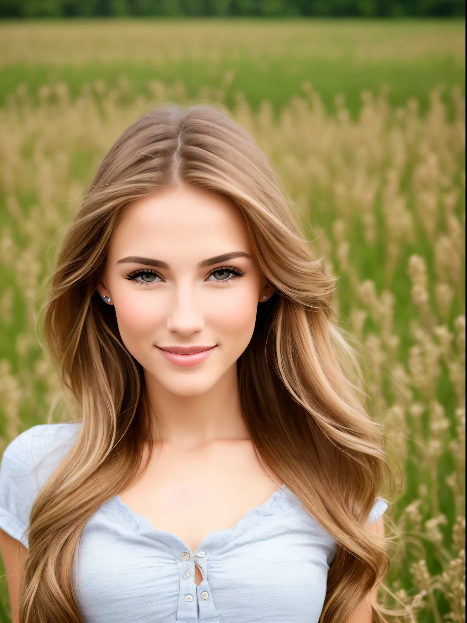 HD quality, maximum detail, macro portrait full body of the beautiful woman, field depth, perfect woman, 25 years, makeup, long hair, perfect face, pretty mouth, pretty nose, sensual woman, totally gorgeous, face with sarcastic expression, caucasian, blond hair, sexy look, smile, v-shaped shirt, realistic, thicker lips, details, style: Detailed photo