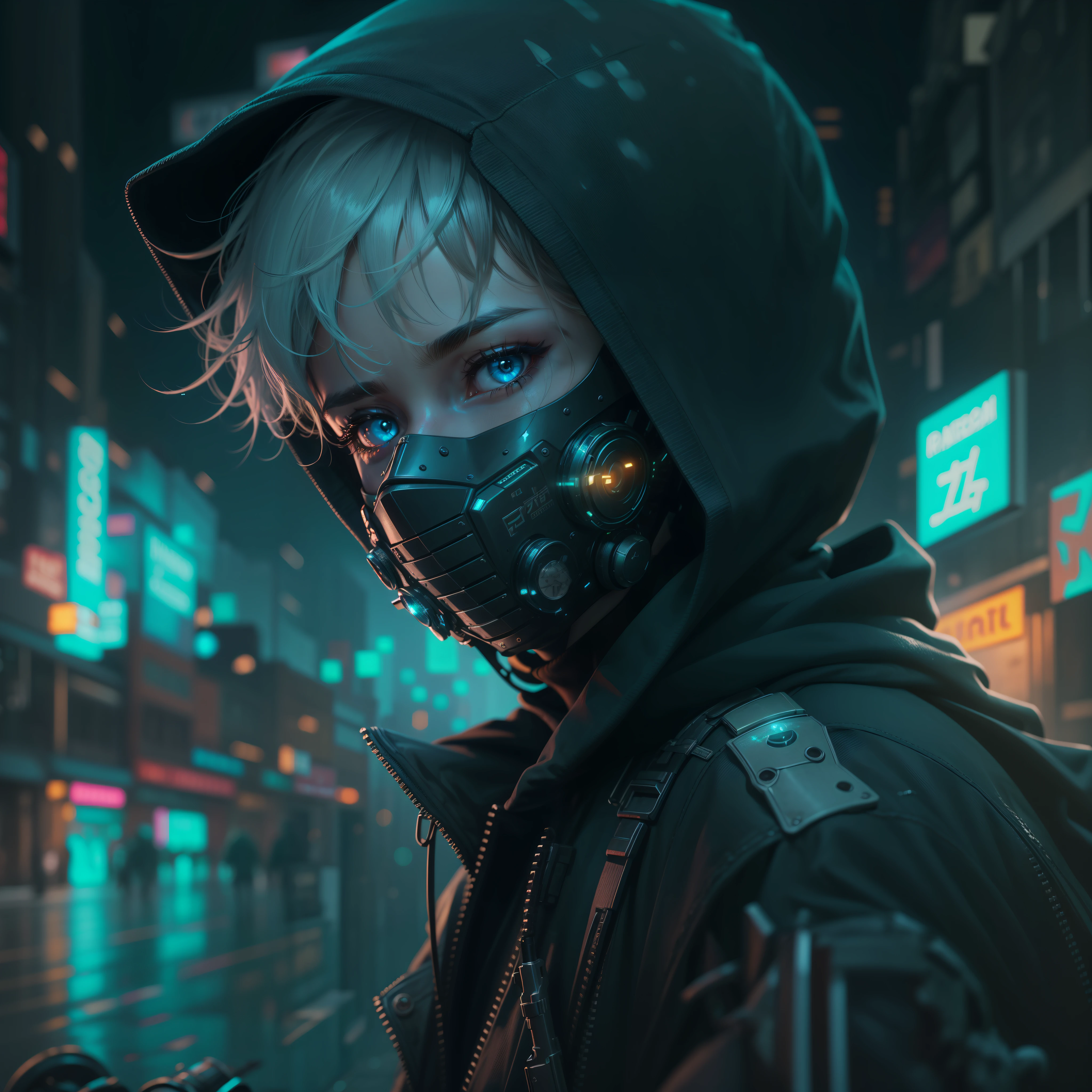best quality,hyper-realistic,ultra-detailed,highres,masterpiece:1.2,portrait,boy wearing a mask,boy wearing a black hoodie,boy holding a knife in his hand,detailed eyes and face,detailed lips,long eyelashes,digital cyberpunk anime style,cyan colors,dark atmosphere,neon lights,gritty textures,grungy urban backdrop,post-apocalyptic setting,reflection of city lights on wet streets,moody lighting,high-tech implants,glowing cybernetic eyes itemprop