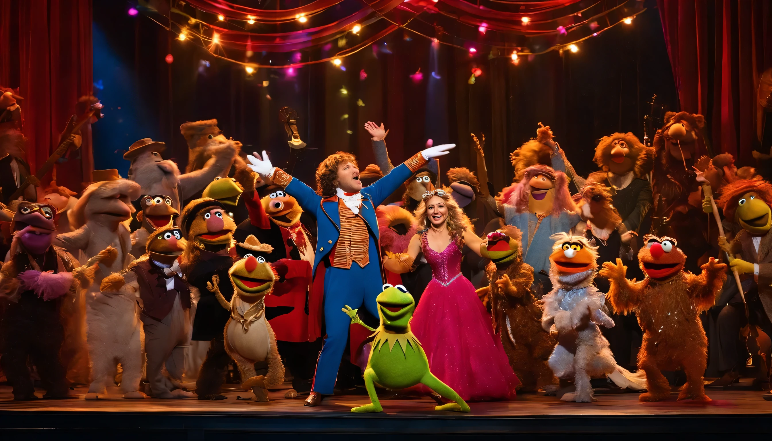 Pippin and the Muppets form a joyful ensemble, singing catchy tunes and dancing in harmony.
The stage is filled with vibrant colors, and musical notes and confetti add to the festive atmosphere.
Imaginative props like oversized musical instruments enhance the whimsical performance.