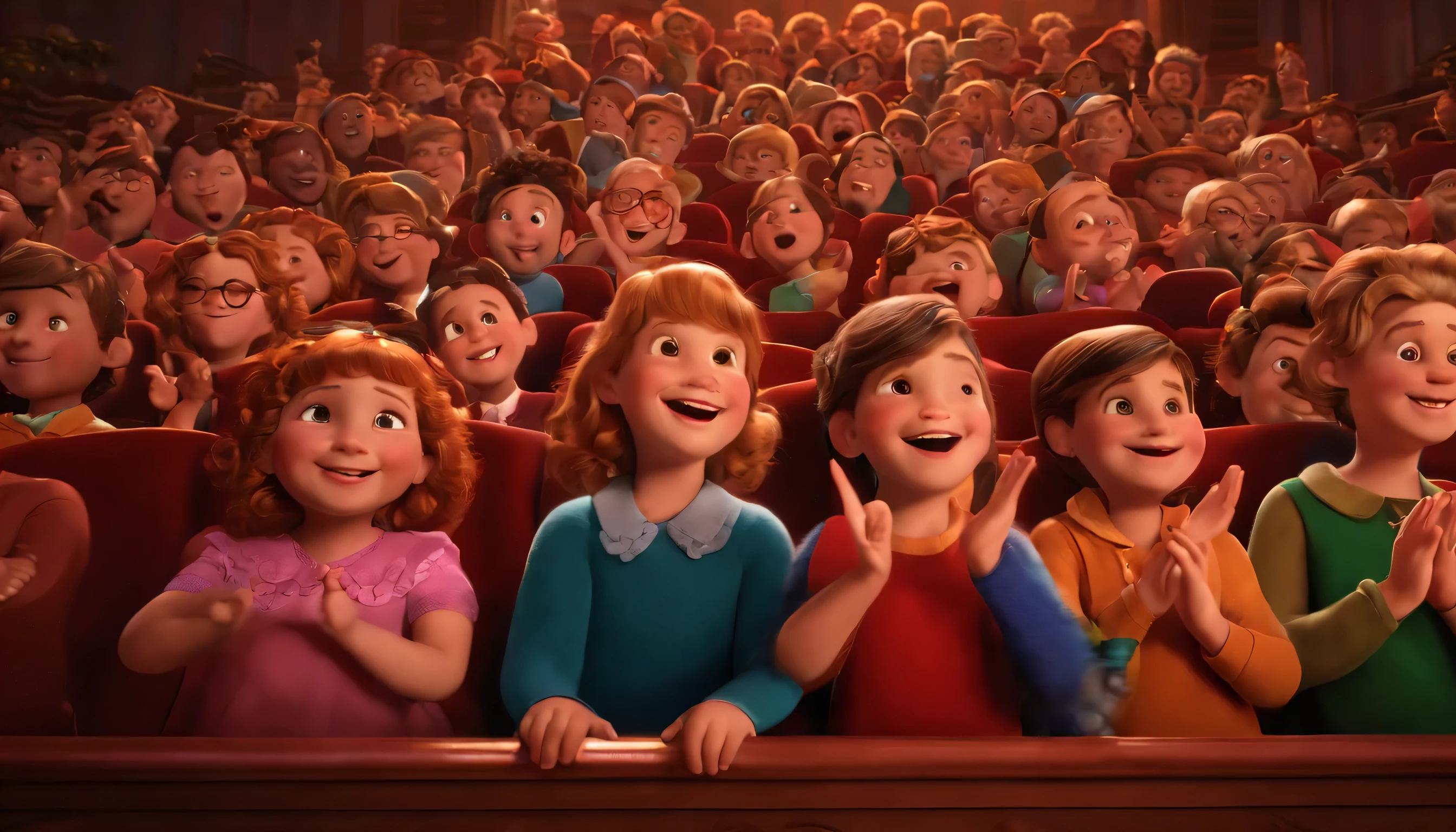 The audience is a mix of excited children and engaged adults, all wearing smiles and enjoying the delightful performance.
Children are shown clapping, laughing, and pointing at the stage, creating a lively and interactive atmosphere.