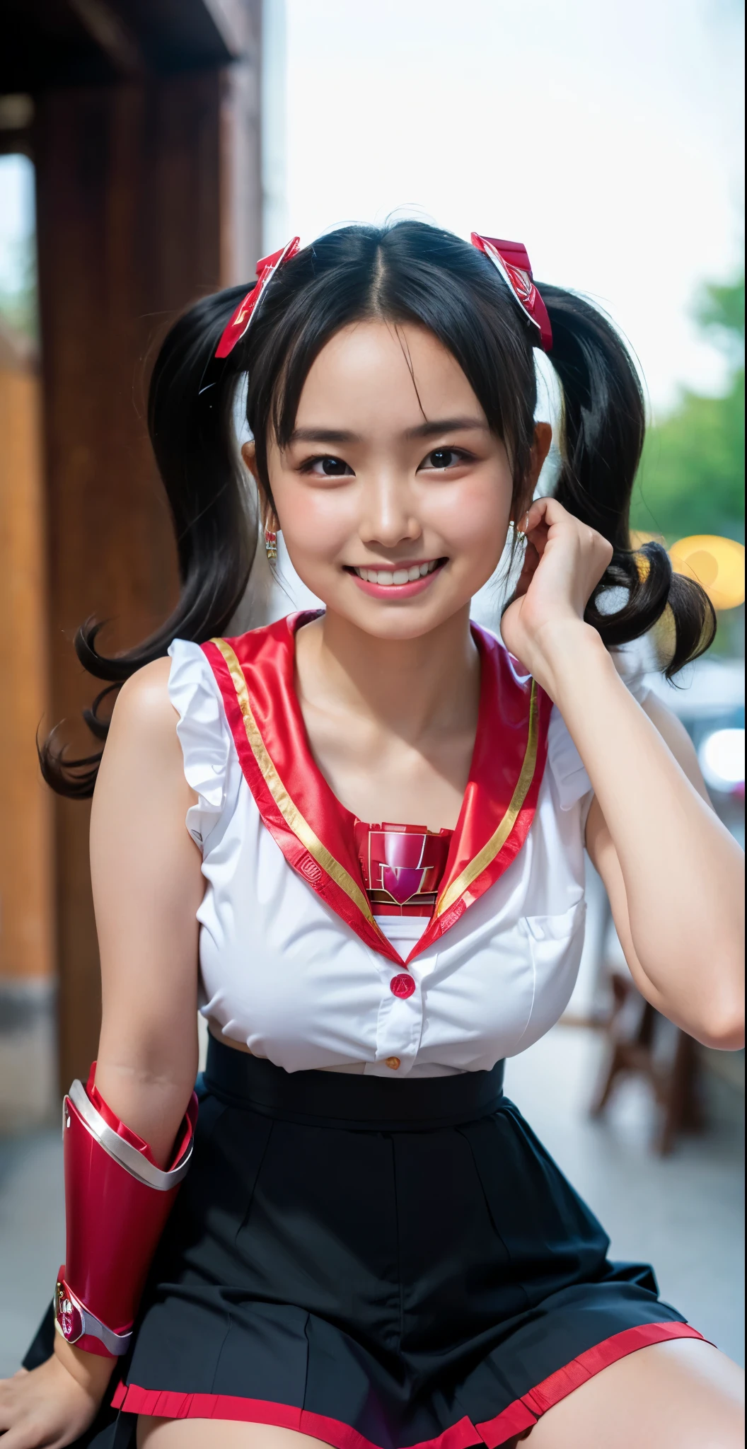 （8K、Raw photography、highest quality、masterpiece：1.2),(black hair、very short hair:1.7),(curly twintails:1.3)、show viewer,Looking at the front,(super sentai series、Red Ranger、Super Beautiful Girl Warrior、She is wearing a colorful PreCure series costume..:1.8)、(Clothing that emphasizes the shape of your chest:1.4)、(big breasts :1.4)、slim body shape、ultra high resolution,beautiful,beautiful fece,(no background、one person:1.9),whole bodyボディー,、(black eye、japanese woman: 1.3),（Photoreal：1.37）、photon mapping,reality、(very cute: 1.3)、(cute smile: 1.7)、(With a round face: 1.9)、radio city、Physically based rendering、depth of field rally background、photograph, (skirt is too short: 1.8)、(I can see your knees,close up of thighs、spread your legs、showing off white panties:1.4),whole body、super fine