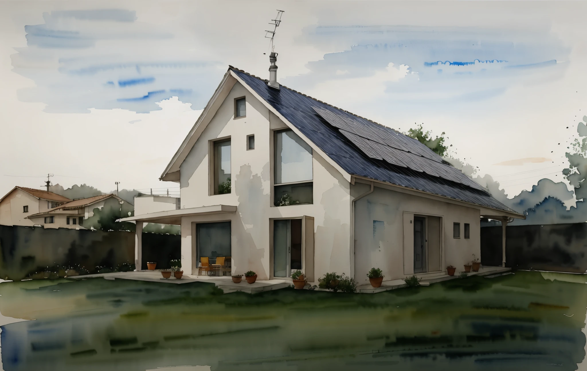 arafed house with a solar panel on the roof, passive house, outside view, 3/4 profile, (watercolor) , watercolor, indistrict background, white background
