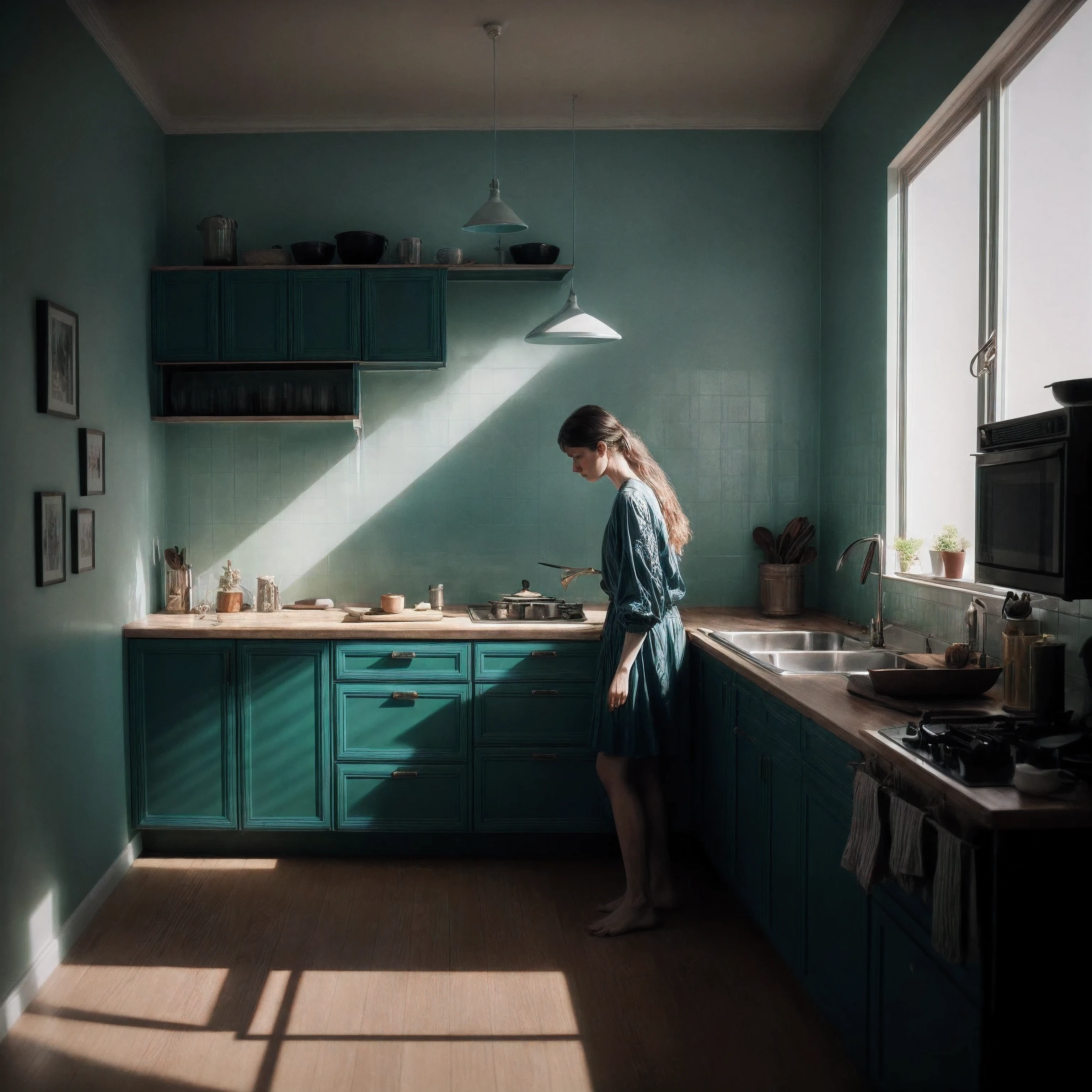 Scandinavian kitchen with tiled walls, pensive woman, color teal and yellow, pale color, far angle shot, Elina Brotherus photography style, perfect composition, beautiful detailed intricate insanely detailed octane render trending on artstation, 8 k artistic photography, photorealistic concept art, soft natural volumetric cinematic perfect light, chiaroscuro, award - winning photograph, masterpiece, oil on canvas, raphael, caravaggio, greg rutkowski, beeple, beksinski, giger