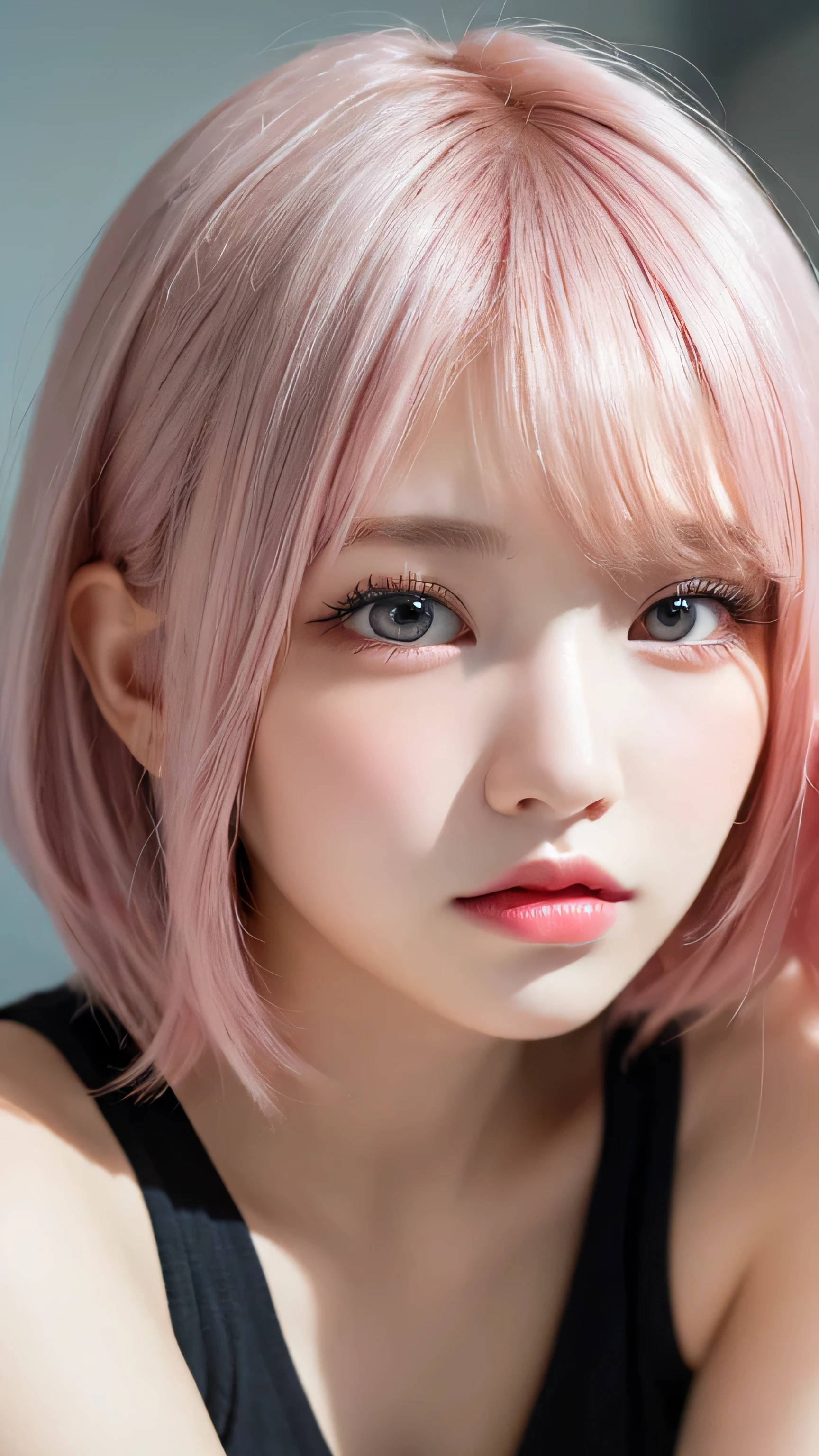pieces fly, highest quality, figure, Super detailed, small details, High resolution, 8K,wallpaper, 完璧なダイナミックな構figure, beautiful and fine eyes, white camisole,short bob hair、pink hair color,Big Natural Color Lip, bold sexy pose,crying a little、cold gaze,harajuku style、20 year old girl、cute type、lolita、good eyes、sleeping in bed