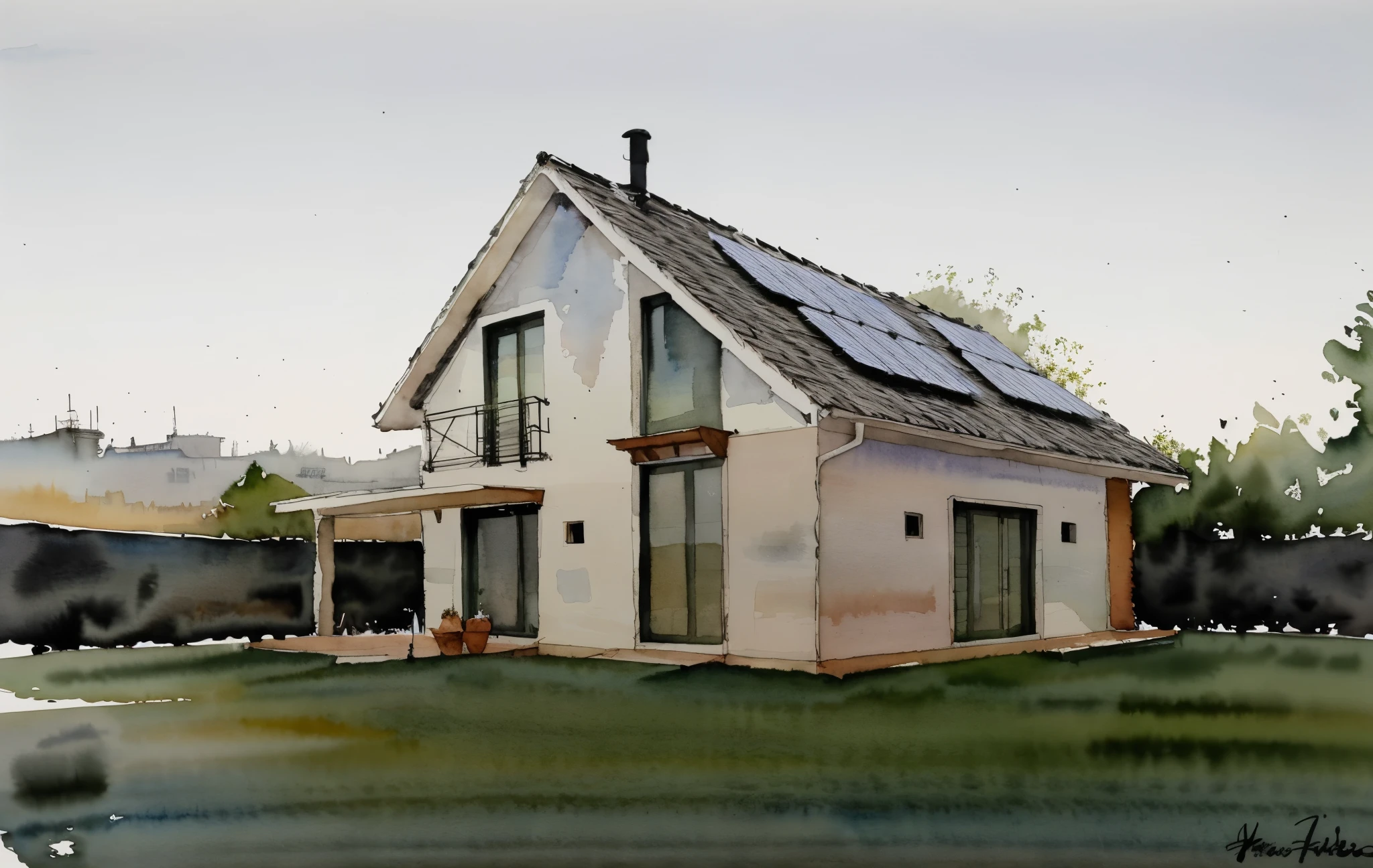 arafed house with a solar panel on the roof, passive house, outside view, 3/4 profile, (watercolor) , watercolor, indistrict background, white background