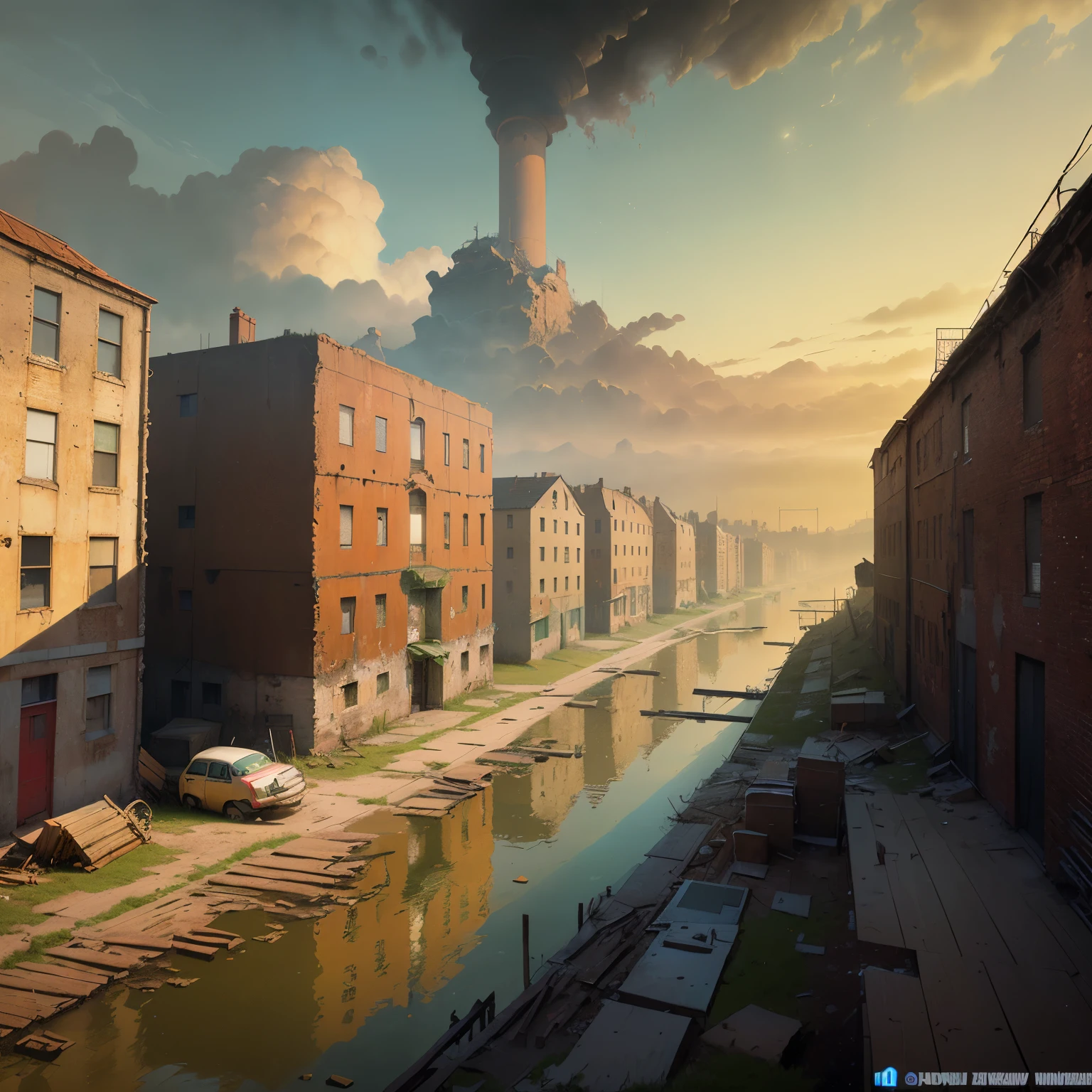 (masterpiece, best quality, ultra-detailed:1.1), An industrial slum in the early stages of the industrial revolution, brick and wood buildings, factories with smokestacks, run-down decaying abandoned buildings, dirty, rotten wooden planks, polluted canal, in the style of Frederick Edwin Church, Thomas Cole, John Martin, (Zdzisław Beksiński:1.5)