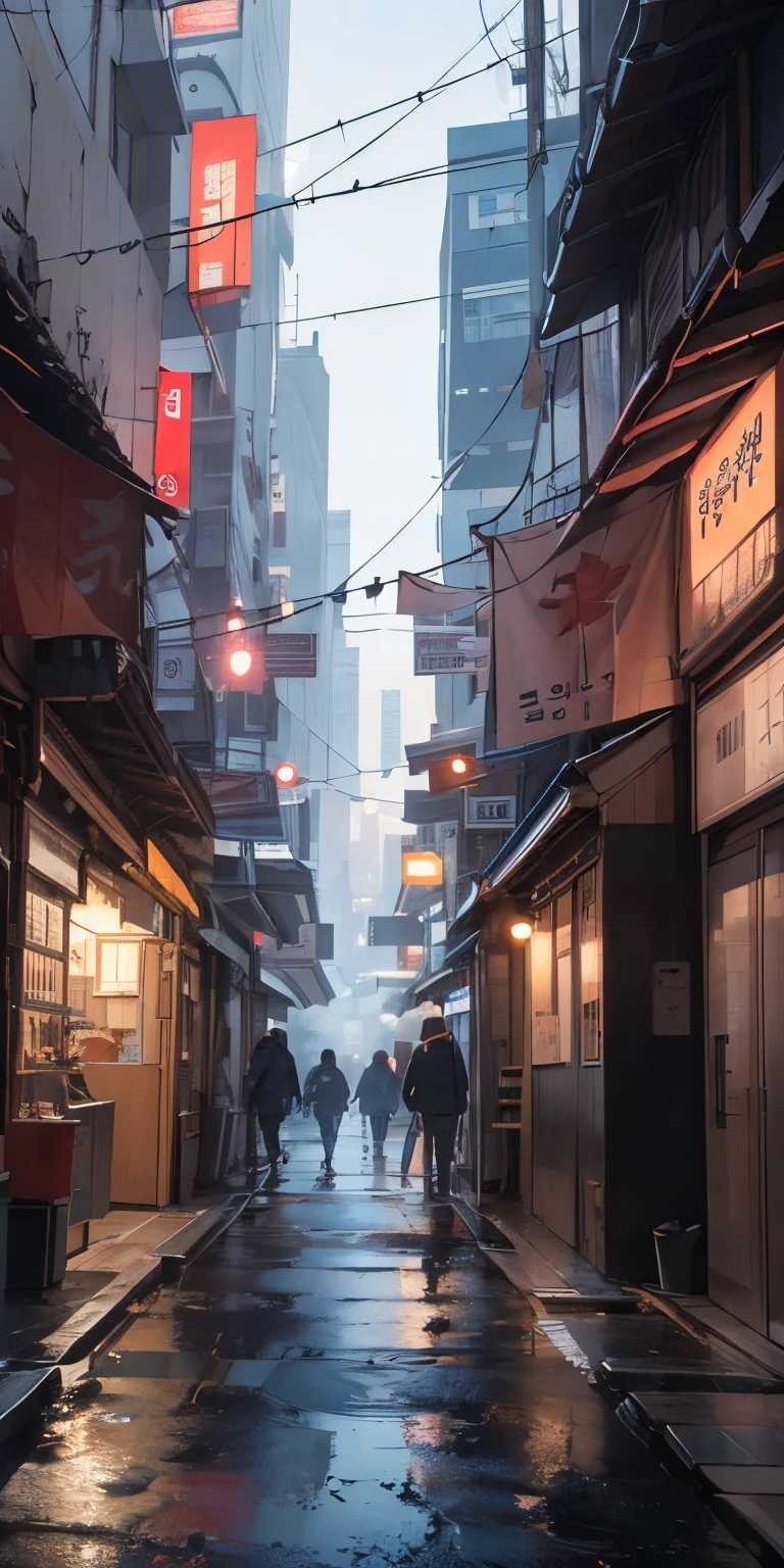 lonely ally in Seoul, cyberpunk city from sci-fi movie, empty street, Korean, Korean signs, intricate, high quality, ultra detail, crazy detail, 8k