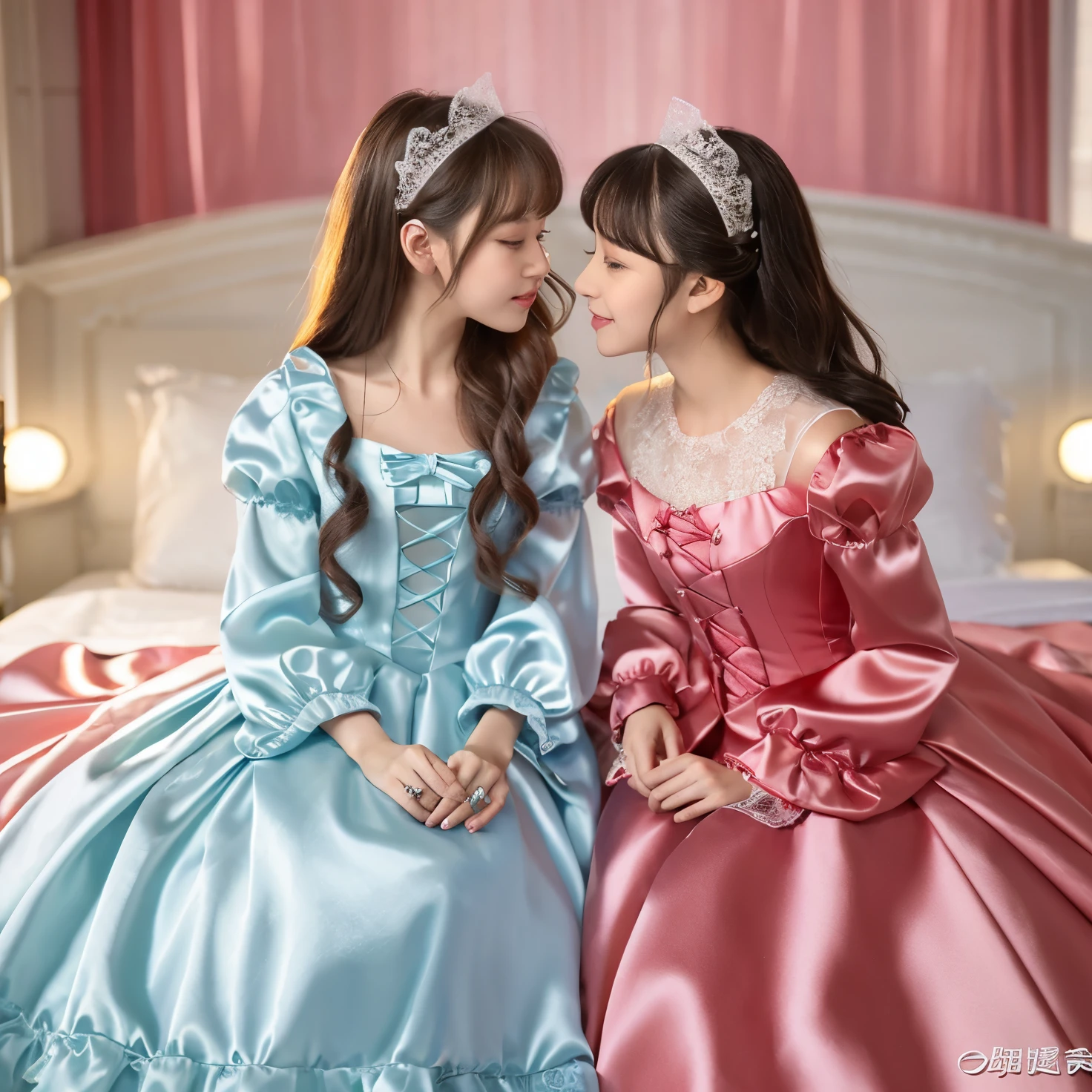,highest quality, masterpiece, highest resolution, artwork, super それにget used to it, many get used to it, get used to it, それにget used to it, 3K realistic photos,,(( At the age of 10)),Super detailed baby face,She is a princess,Full length ball gown dress with hoop skirt,ruffled yoke collar,puff sleeves,long sleeve,((Lolita style hot pink detailed princess satin dress、Comes with lots of frills and ribbons。)),crazy&#39;colorful fashion,shiny satin dress,Soft and smooth fabric,luxury,long blonde hair,blue eyes,white skin european,pajamas,((inside the palace)),,,(( At the age of 10)),Super detailed baby face,Full length ball gown dress with hoop skirt,ruffled yoke collar,puff sleeves,腰まで伸びるlong blonde hair,blue eyes,white skin european,pajamas,((inside the palace bedroom)),Silk satin princess sitting on bed,pink canopy bed,Luxury curtains on both sides of the bed,romantic atmosphere,silk satin bed sheets,soft silk satin comforter,Soft silk satin ruffled pillow in pastel colors,Detailed pillow,