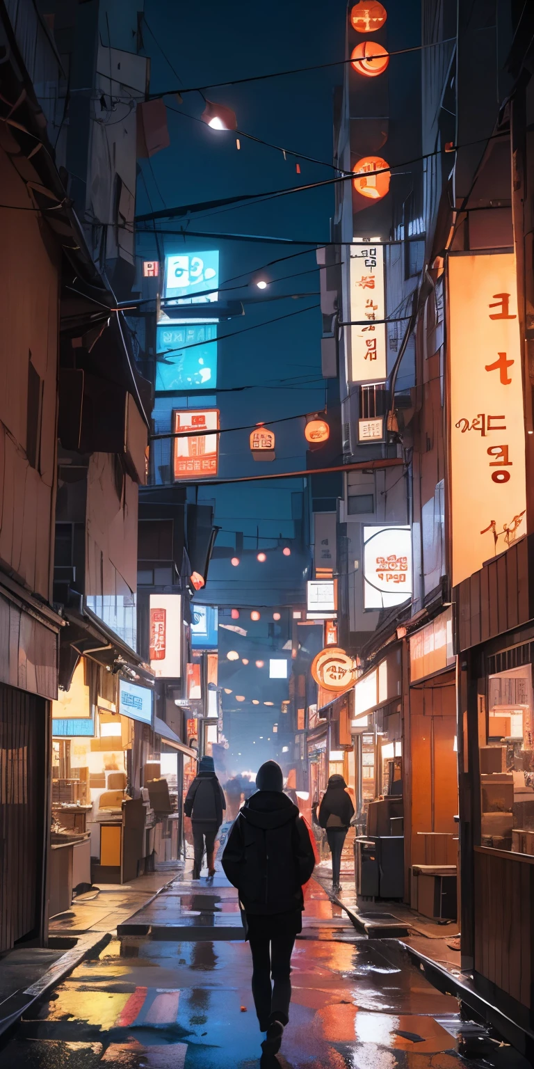 lonely ally in Seoul, cyberpunk city from sci-fi movie, empty street, Korean, Korean signs, intricate, high quality, ultra detail, crazy detail, 8k