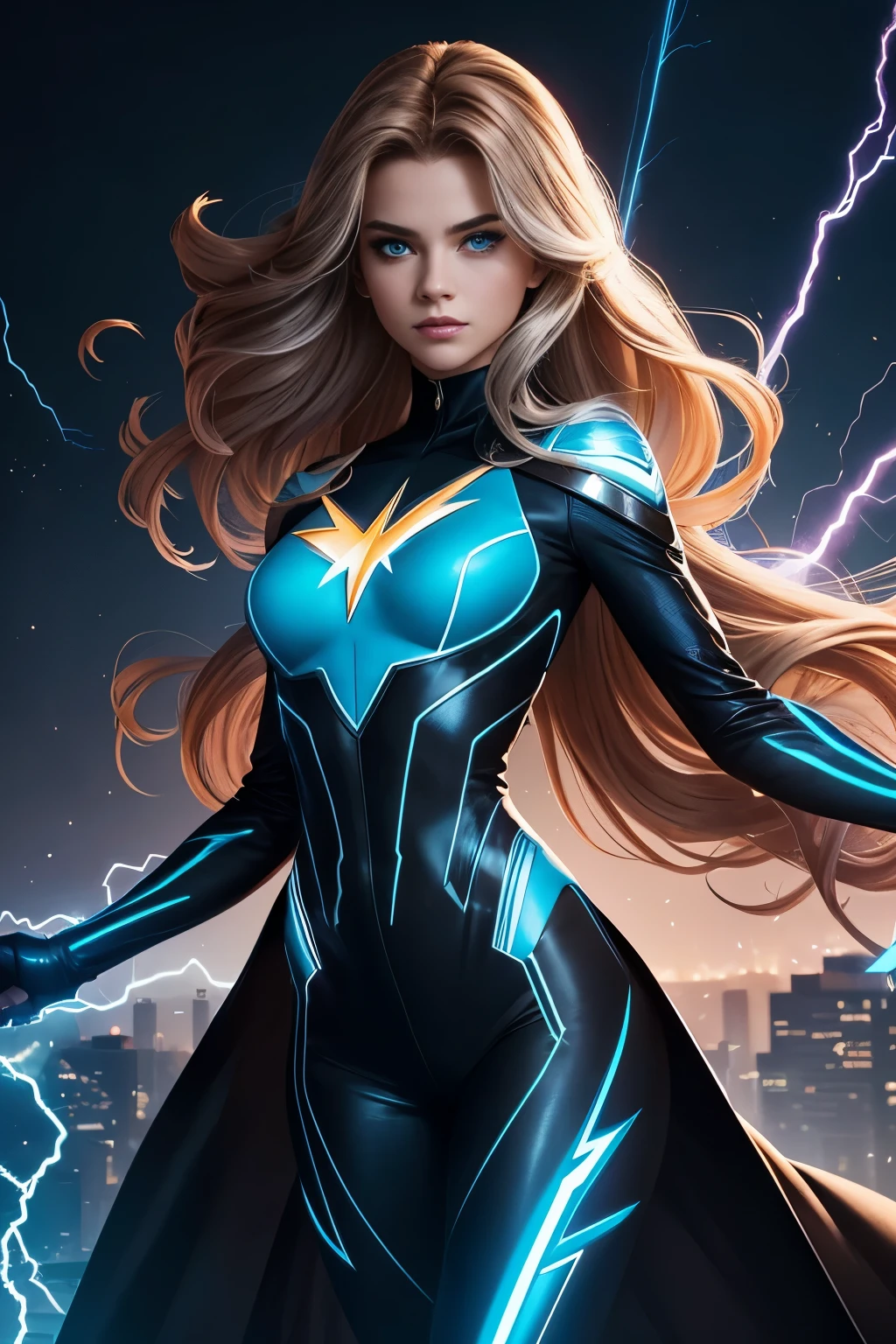 Stunning superhero portrait of Lila, the electrifying teenage prodigy, formerly ordinary yet now extraordinary. Post-discovery of her extraordinary power to manipulate electricity, she has transformed into the iconic figure, Volt. A captivating combination of determination and youthfulness embodied through intensely focused, electric blue eyes. Her voluminous chestnut locks cascade over her shoulders, framing her porcelain complexion. Her attire elegantly features a fitted electric blue bodysuit, a black cape adorned with intricate silver lightning bolts, completing her striking appearance. With outstretched hands, the tantalizing aura of sparks surrounds them, ready to elect