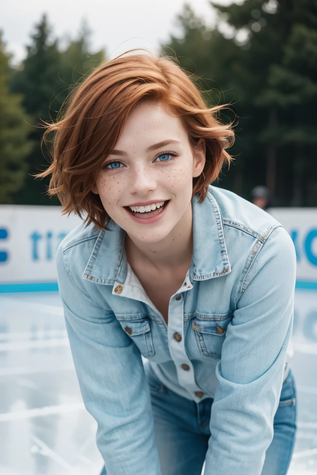 feminine figure, redhead, freckles, best quality, realistic skin texture, photography, detailed facial features, film grain texture and high contrast, extremely high-resolution details, photographic, photorealistic, hyper-realistic, HDR, masterpiece, short hair, blue eyes, highly detailed eyes, eyes aligned, skating park background, ice skating, people ice skating, close-up, a light jacket, jeans, smiling happily, having fun, out of balance, upper body portrait