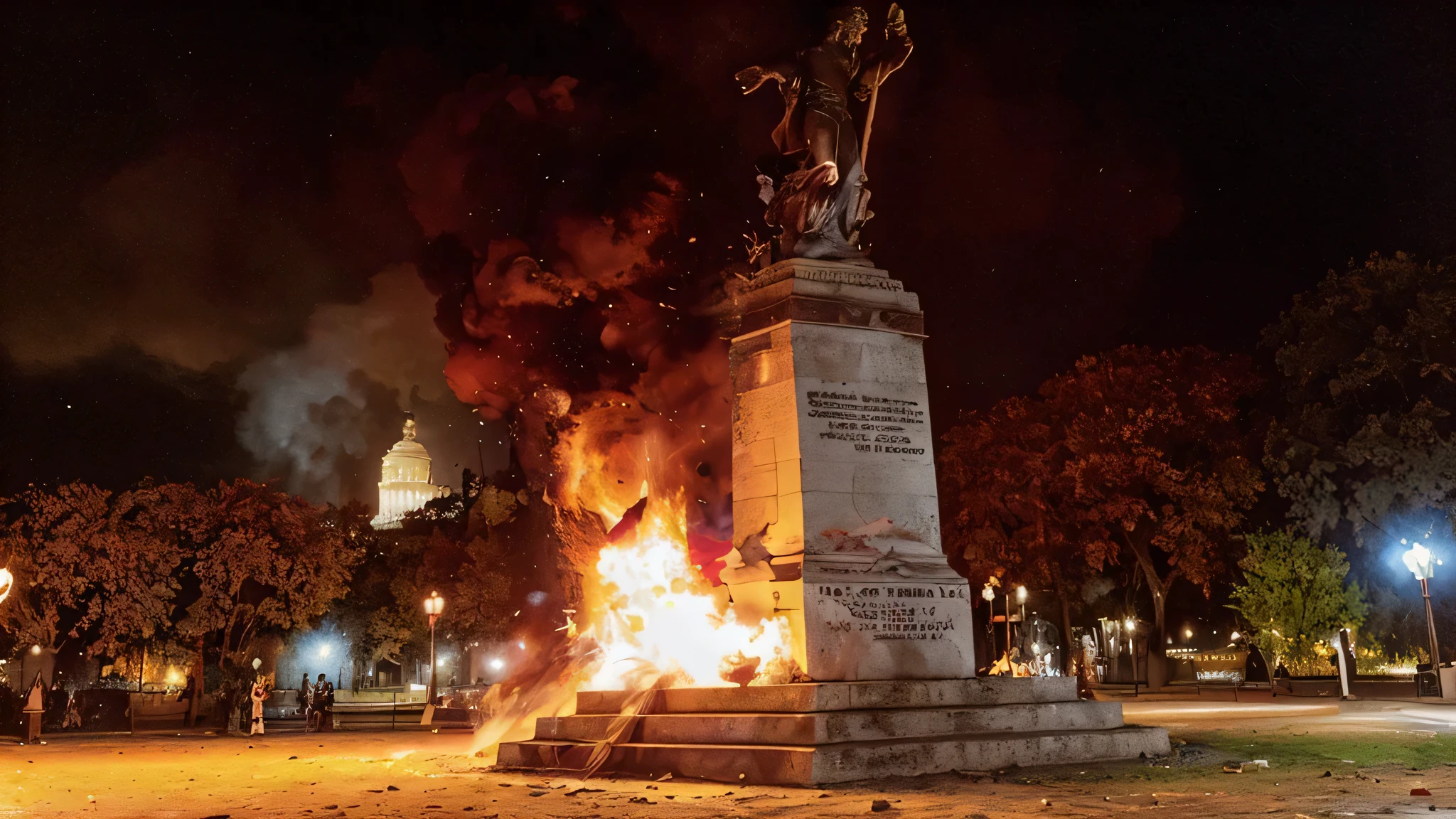 Create a neo-expressionist artwork, in high resolution, for printing, of a protest in a public square against a dictator, with different colors and a smoky effect around.