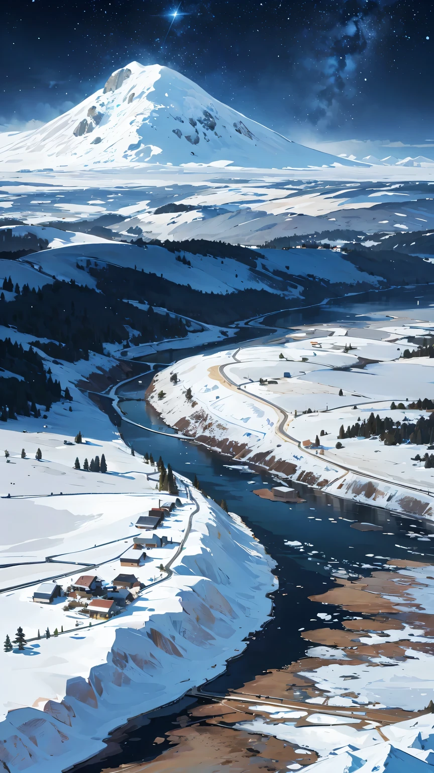 a small town next to nature with a lot of vegetation, behind the town stretches a big mountain with a lot of snow, the sky is dark blue with many stars and every house shines in golden color