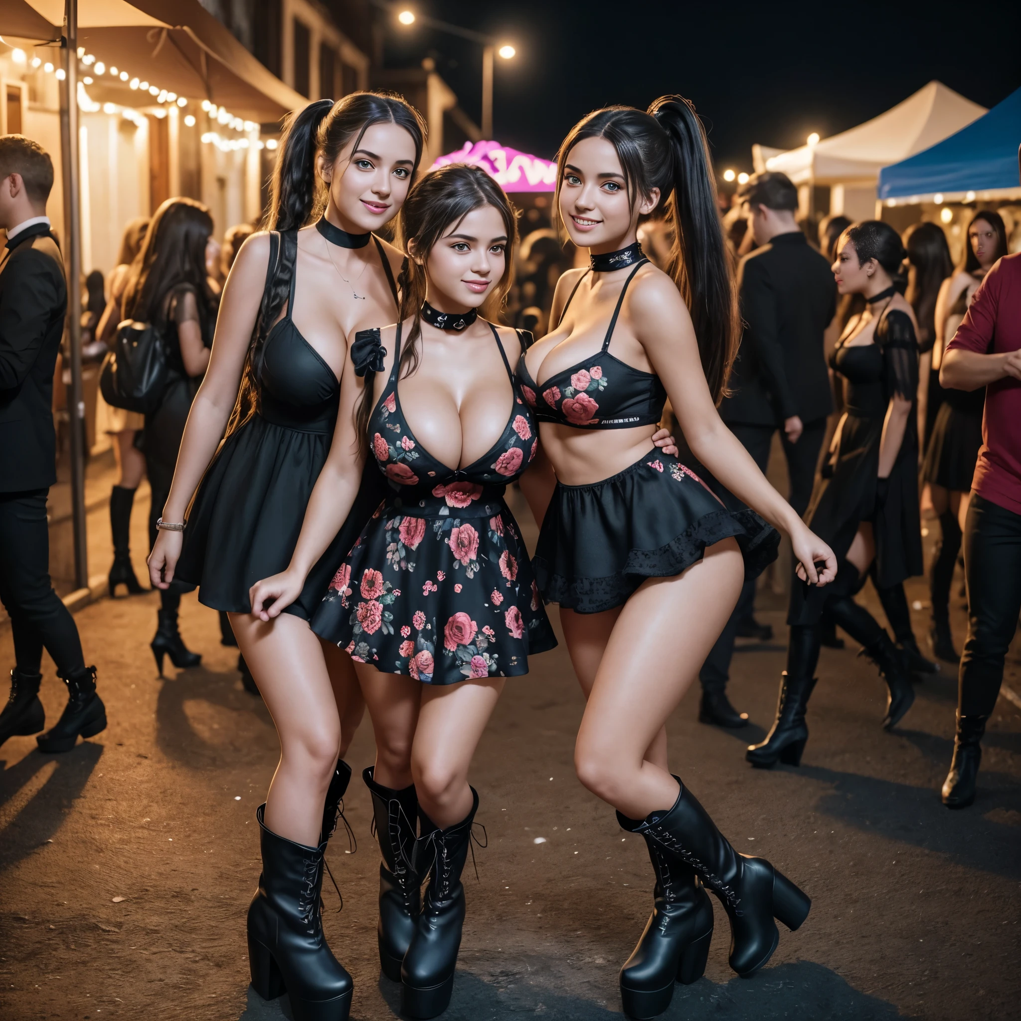 Capture a photorealistic, hyper-detailed image of 2 girls together in a single frame, smiling, Dark hair, pigtails, choker, (high heeled platform boots:1.3), (big breasts:1.3), one is a curvy Russian woman in a mini black floral dress at a rave party in the Caribbean. Another is a Russian girl who is of average build, with small . realistic skin texture. party in the background. Use film grain and ambient street lighting to create vintage shadows. evening. Export in RAW with a 'vintage elegance' Instagram LUT
