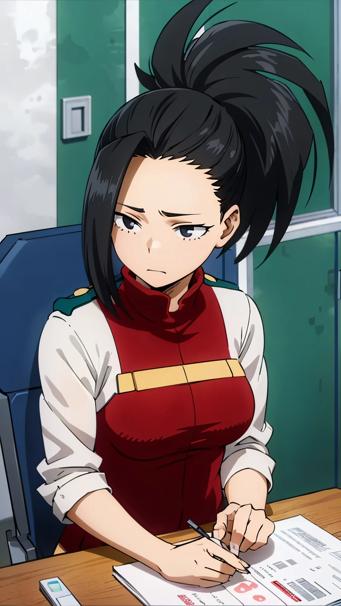 masterpiece, best quality, yaoyorozu momo, 1girl, closeup, black eyes, black hair,  ponytail, long hair, hair pulled back, medium breasts, school uniform,solo, lookinset on chair, studying 