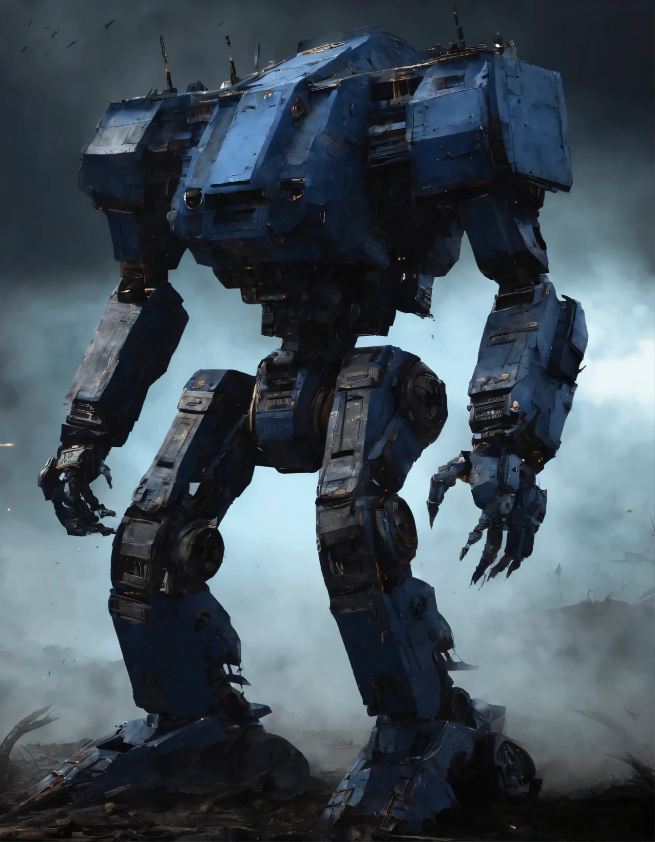 robot gigante estilo battletech, robot mecha humanoide, (Organic design:1.4), (Colores vivos azules y dorados:1.3), Fondo: amplio hangar para naves espaciales, (obra maestra), scifi art